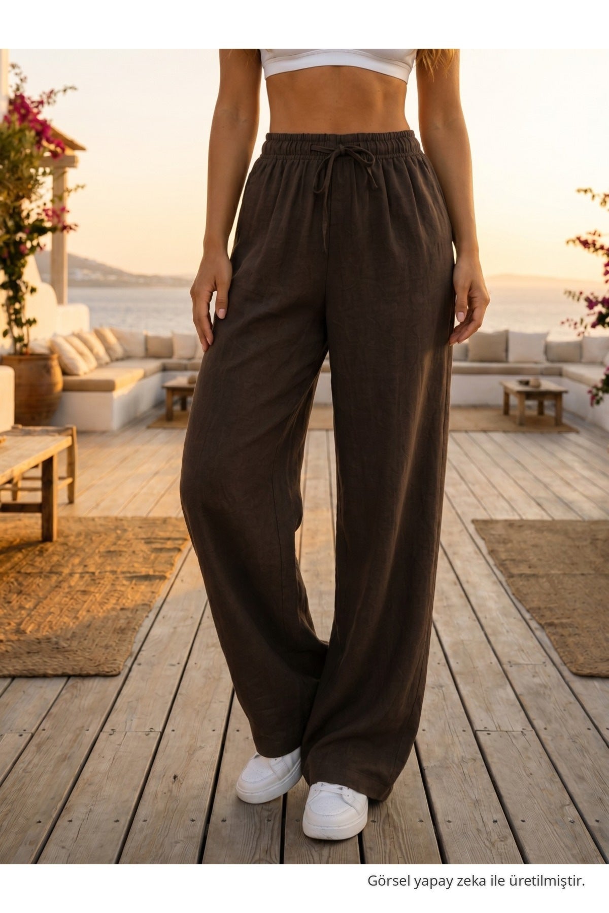 Relaxed Fit Summer Linen Trousers with Elastic Waistband, Brown - MALLTURK