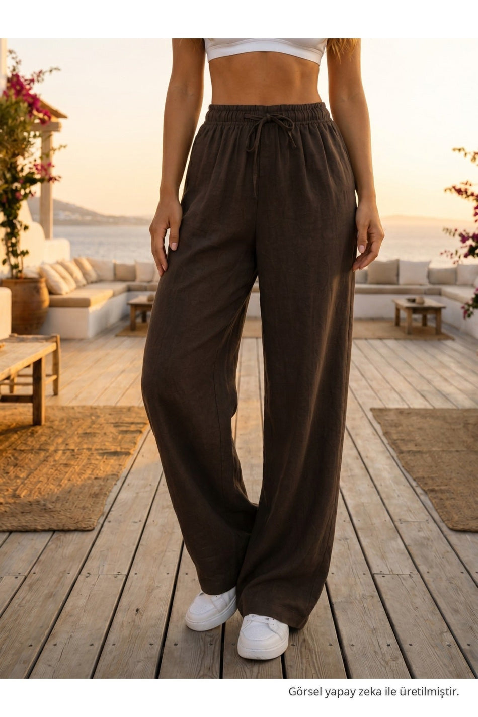Relaxed Fit Summer Linen Trousers with Elastic Waistband, Brown - MALLTURK