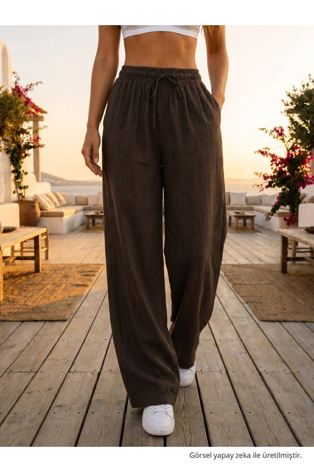Relaxed Fit Summer Linen Trousers with Elastic Waistband, Brown - MALLTURK
