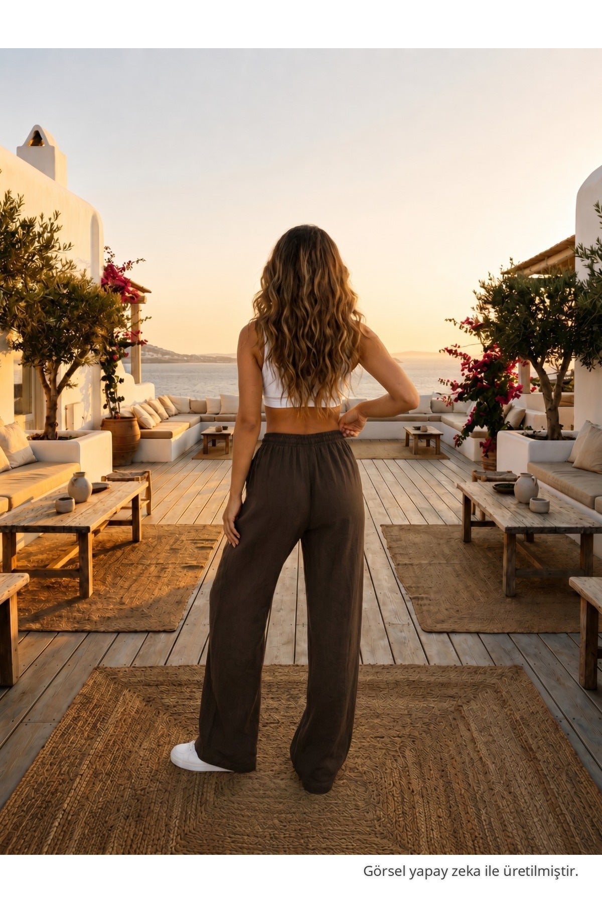Relaxed Fit Summer Linen Trousers with Elastic Waistband, Brown - MALLTURK