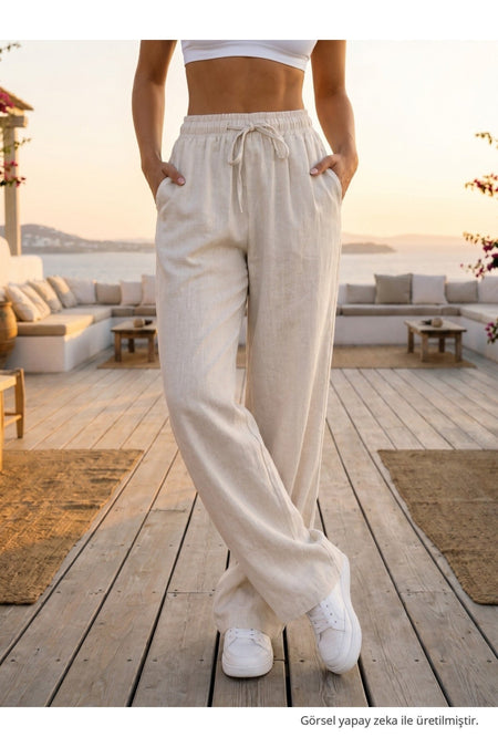 Relaxed Fit Summer Linen Trousers with Elastic Waistband, Ecru - MALLTURK