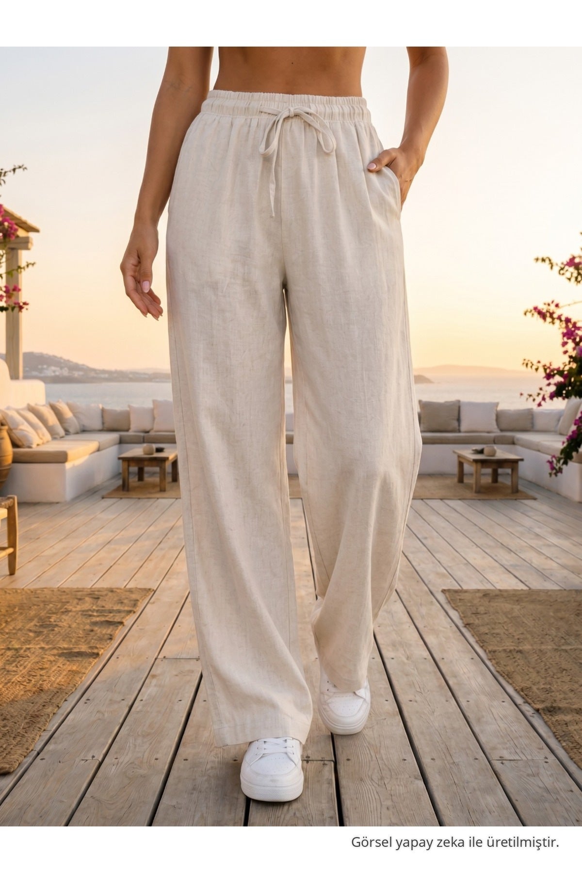 Relaxed Fit Summer Linen Trousers with Elastic Waistband, Ecru - MALLTURK