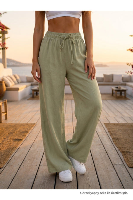 Relaxed Fit Summer Linen Trousers with Elastic Waistband, Khaki - MALLTURK