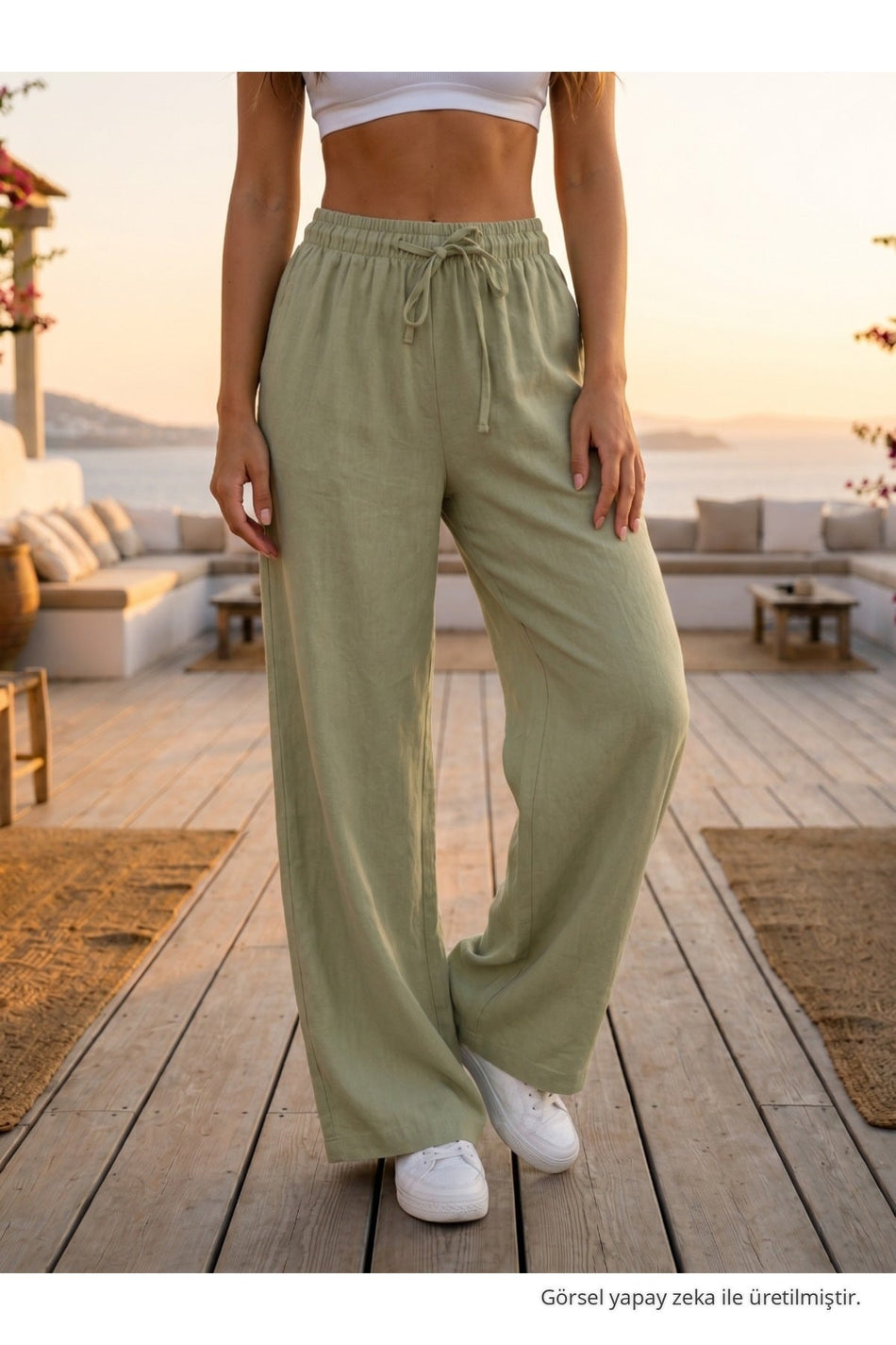 Relaxed Fit Summer Linen Trousers with Elastic Waistband, Khaki - MALLTURK