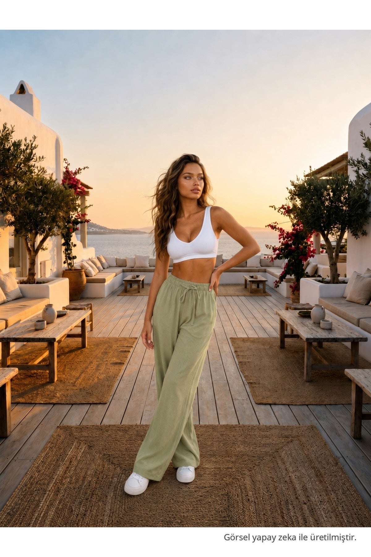 Relaxed Fit Summer Linen Trousers with Elastic Waistband, Khaki - MALLTURK