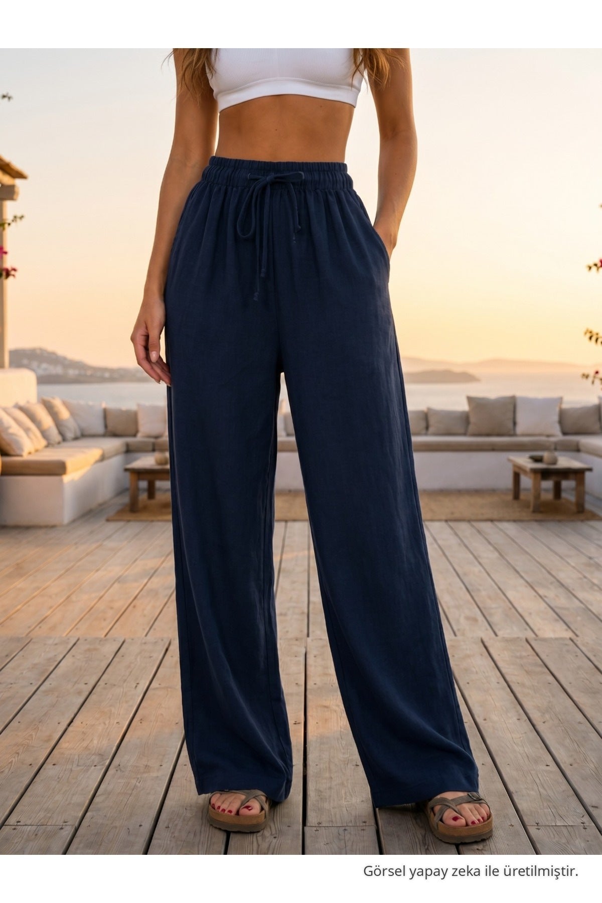 Relaxed Fit Summer Linen Trousers with Elastic Waistband, Navy Blue - MALLTURK
