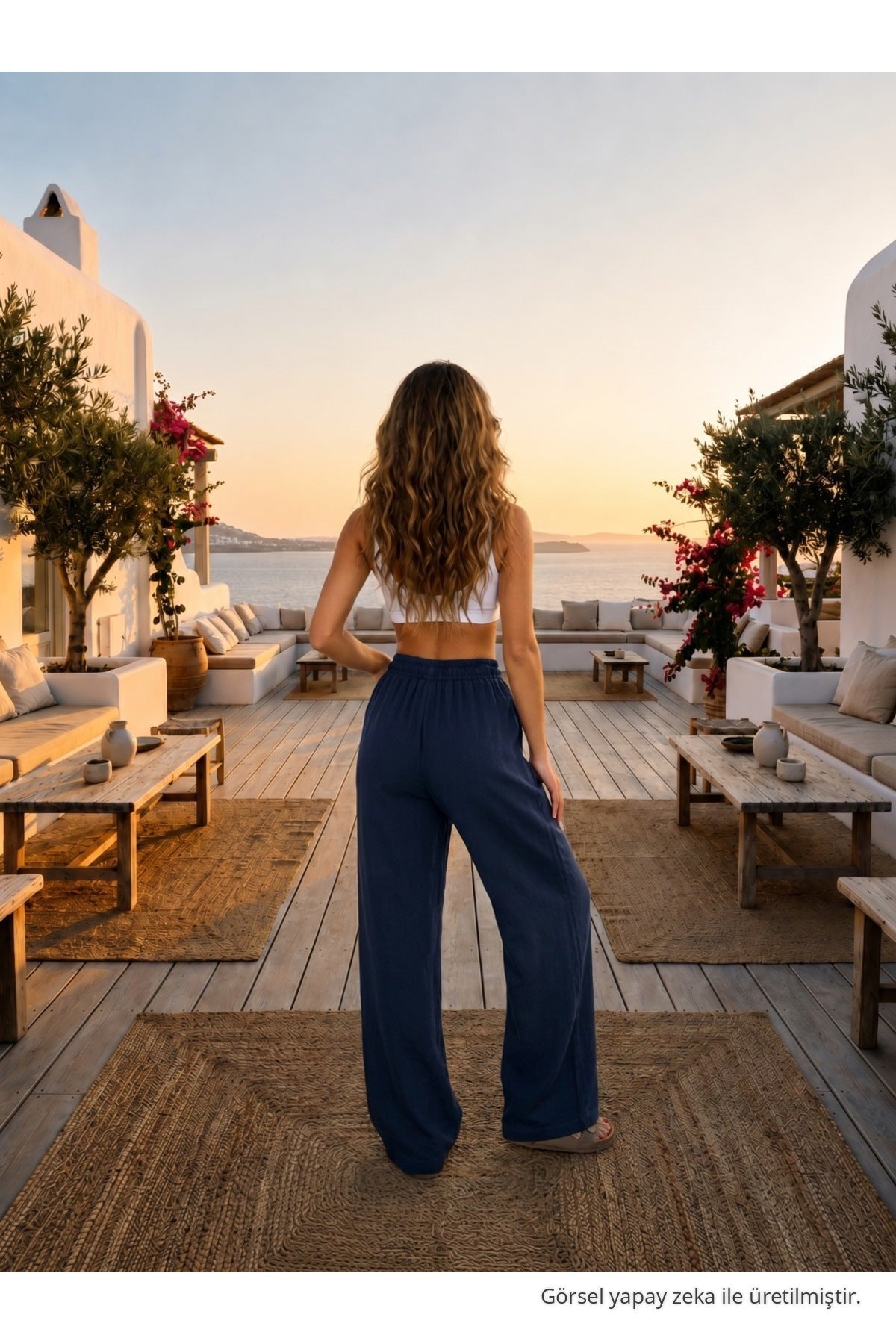 Relaxed Fit Summer Linen Trousers with Elastic Waistband, Navy Blue - MALLTURK