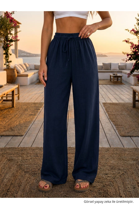 Relaxed Fit Summer Linen Trousers with Elastic Waistband, Navy Blue - MALLTURK