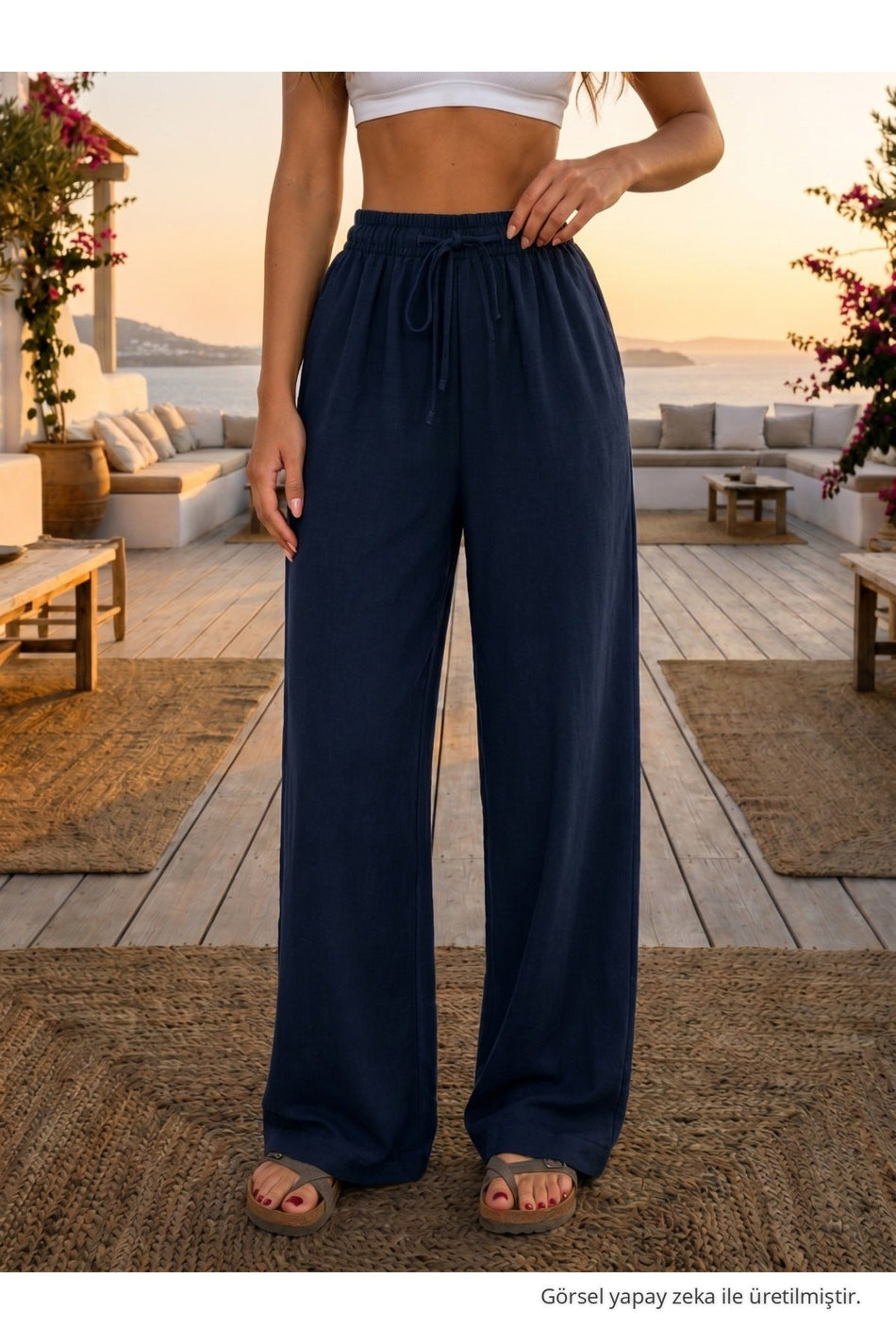 Relaxed Fit Summer Linen Trousers with Elastic Waistband, Navy Blue - MALLTURK
