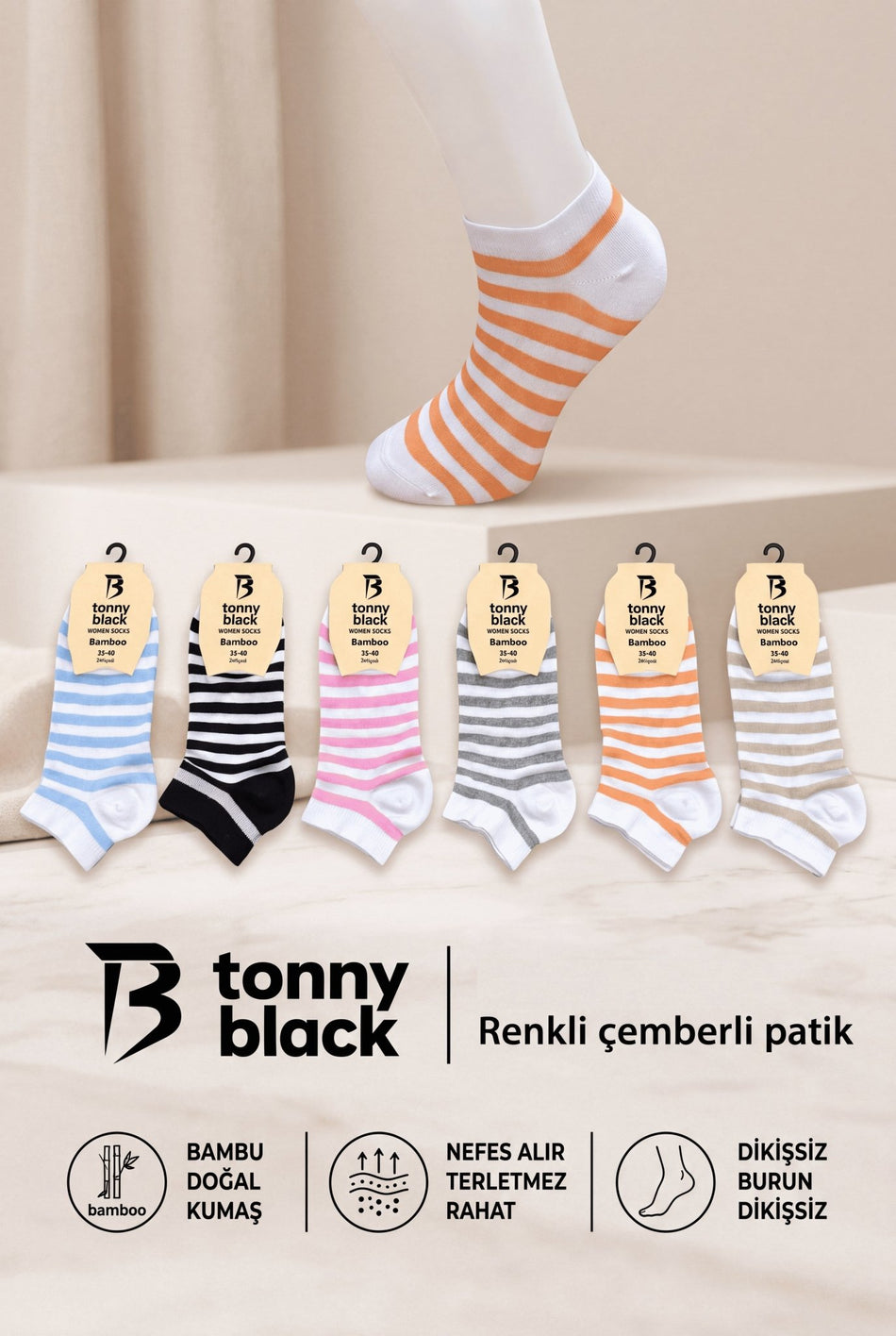 Renkli Bambu 6'lı Patik Çorap Kadın Çok Renkli Çorap TB4090 - MALLTURK