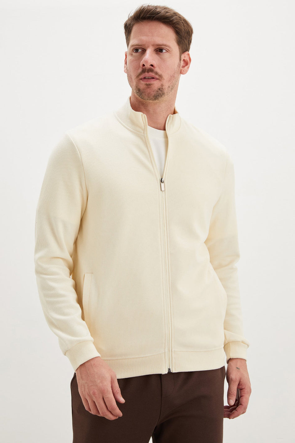 Ribbed Collar Zippered Regular Fit Jacket - MALLTURK