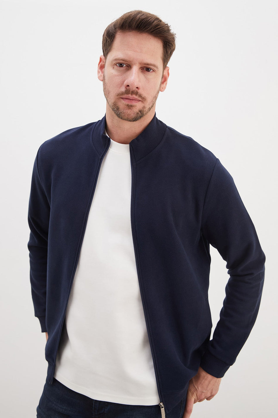 Ribbed Collar Zippered Regular Fit Jacket - MALLTURK