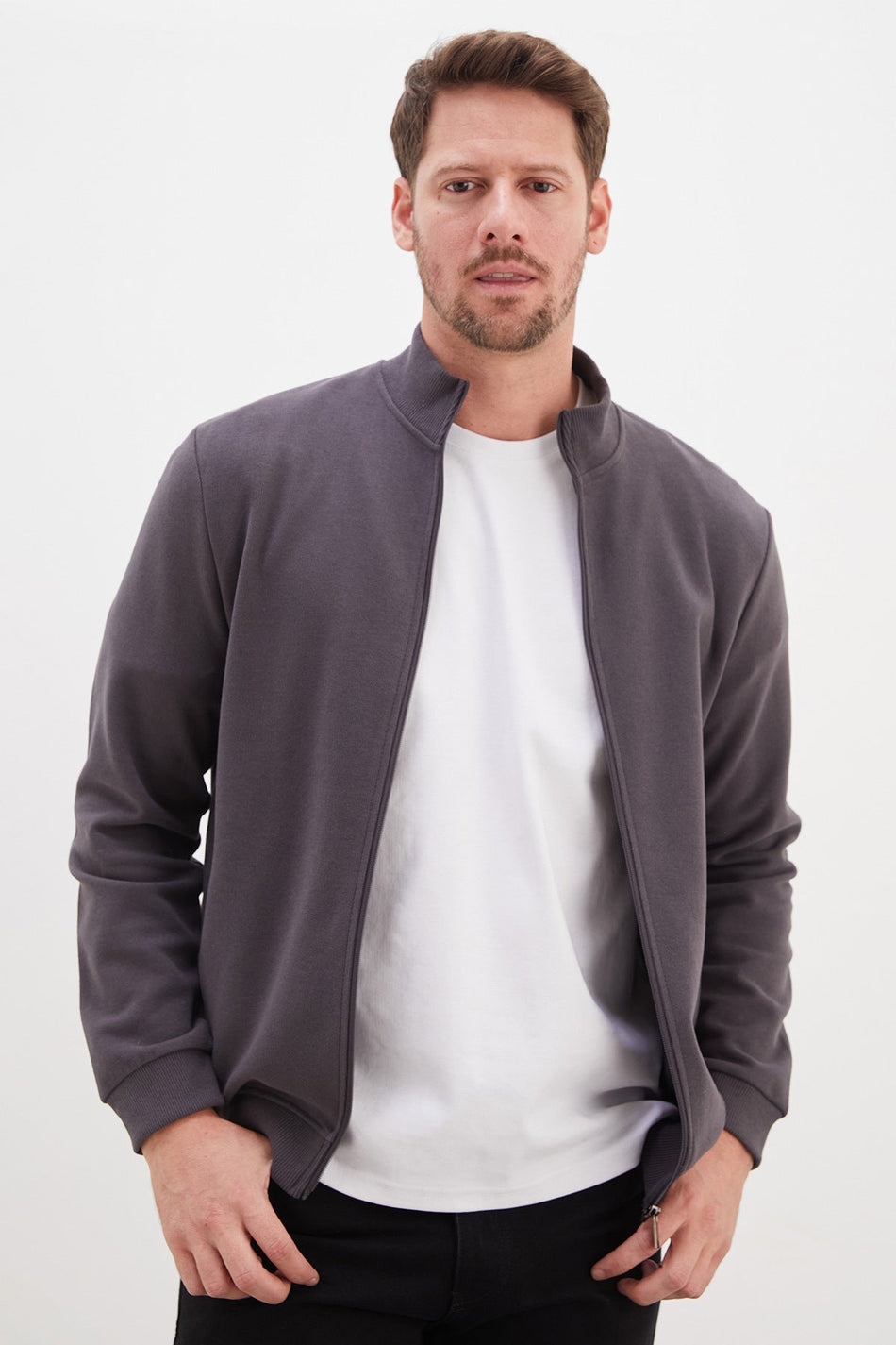 Ribbed Collar Zippered Regular Fit Jacket - MALLTURK