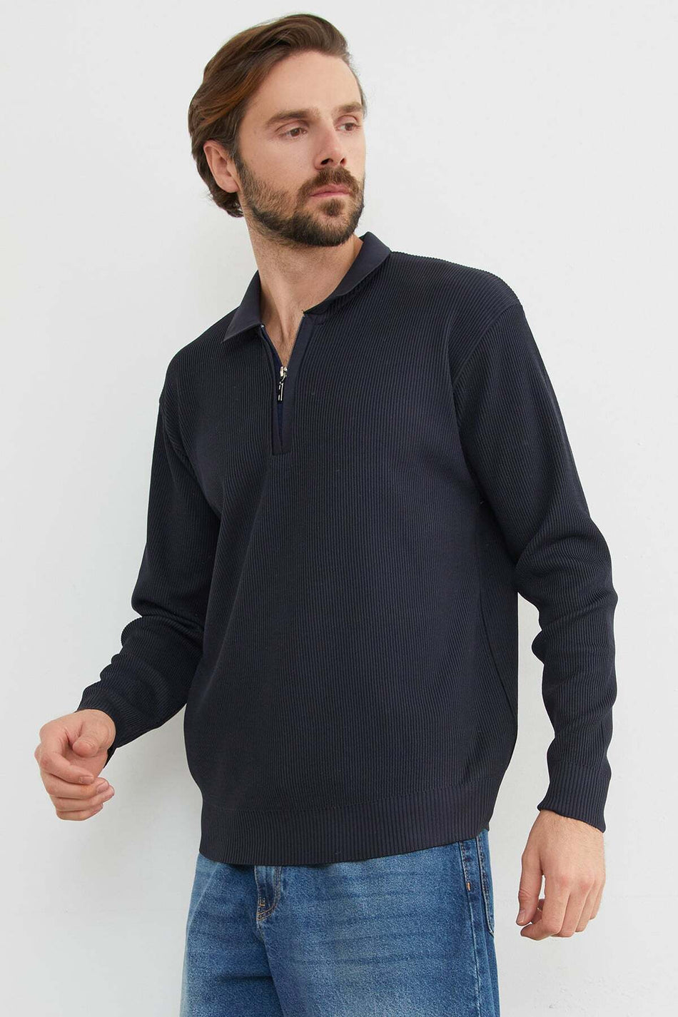 Ribbed Half-Zip Knit Sweater - MALLTURK