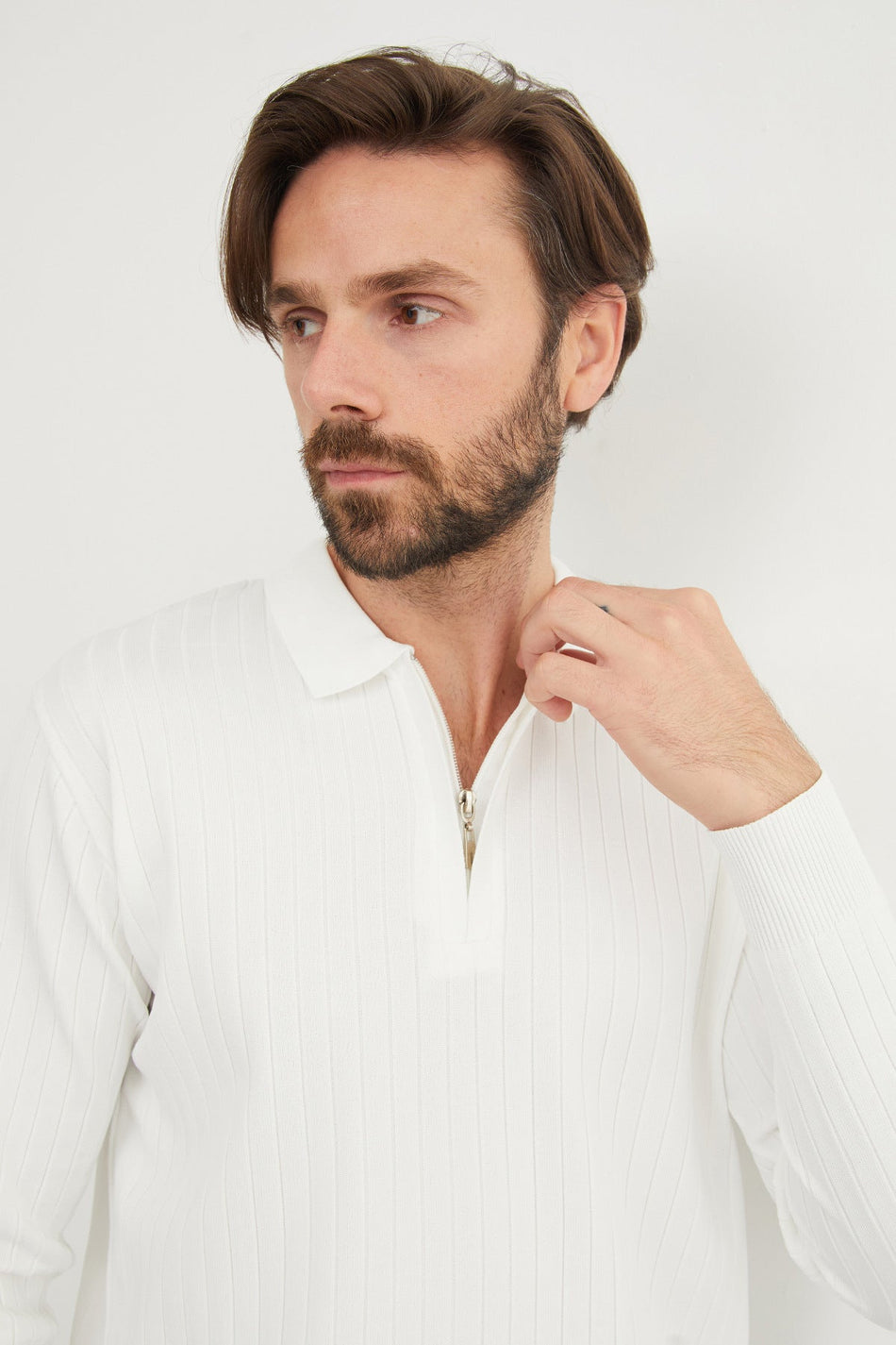 Ribbed Half-Zip Polo Neck Knit Sweater - MALLTURK