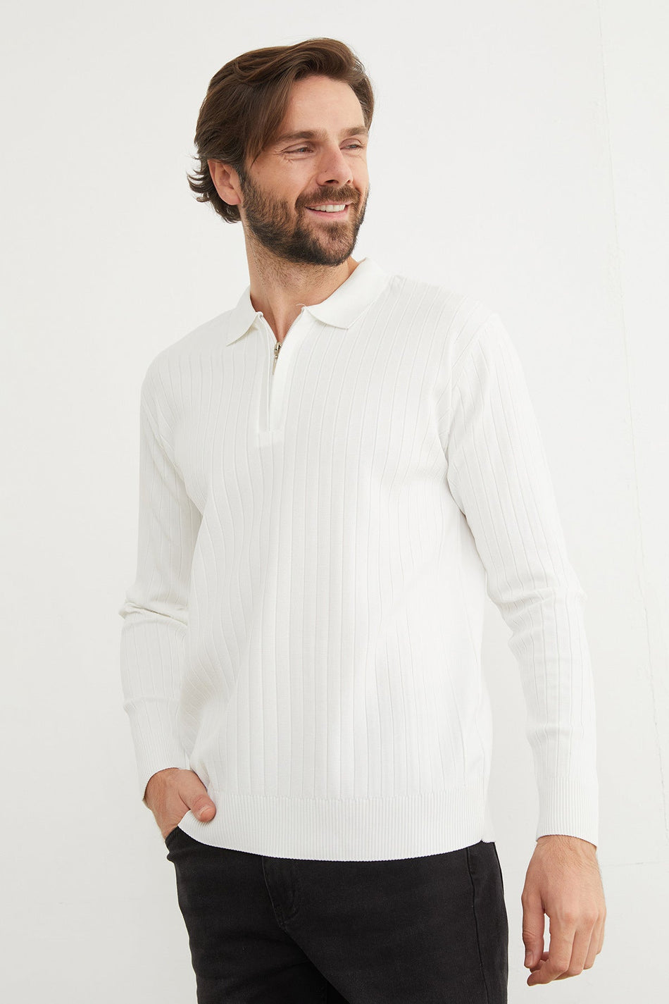 Ribbed Half-Zip Polo Neck Knit Sweater - MALLTURK