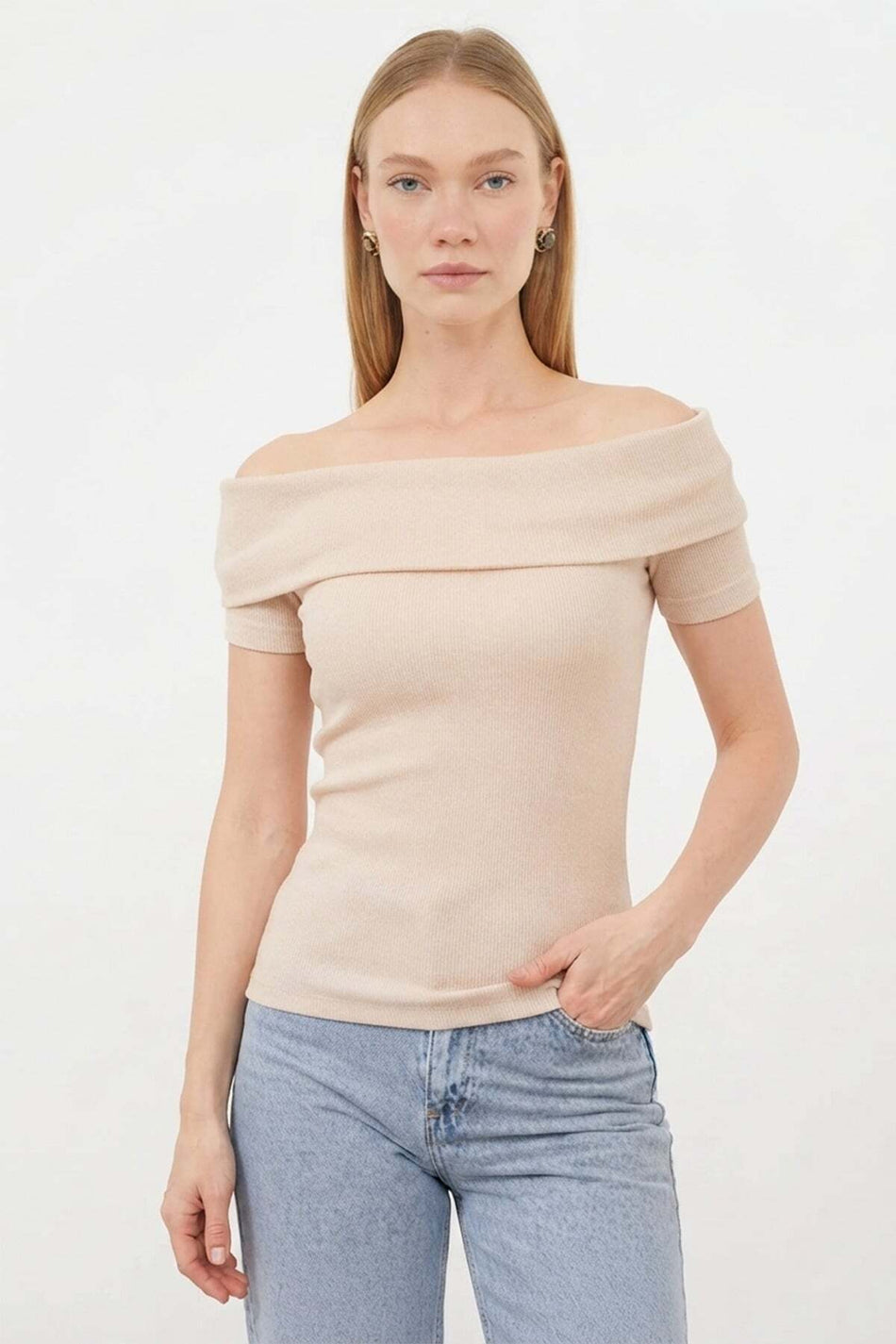 Ribbed Madonna Collar Slim Fit Blouse - MALLTURK