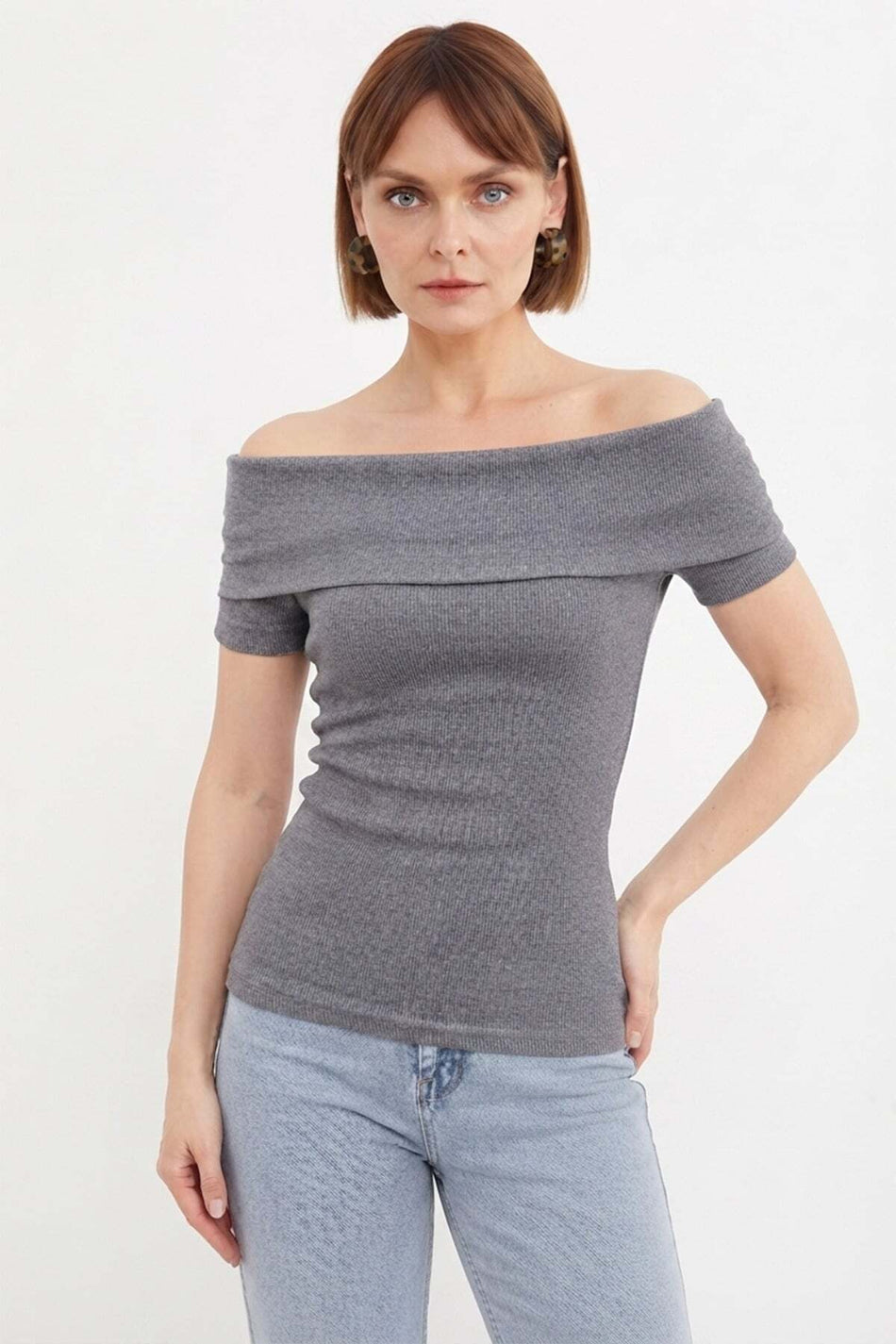 Ribbed Madonna Collar Slim Fit Blouse - MALLTURK