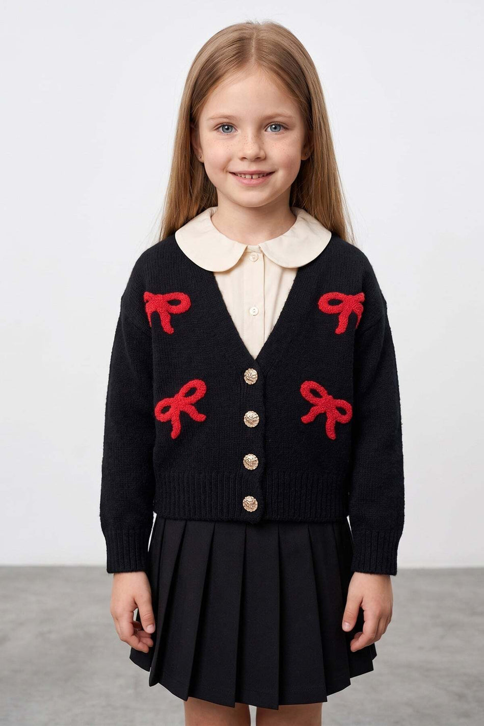 Ribbon Embroidered V-Neck Girls' Knitwear Cardigan - MALLTURK