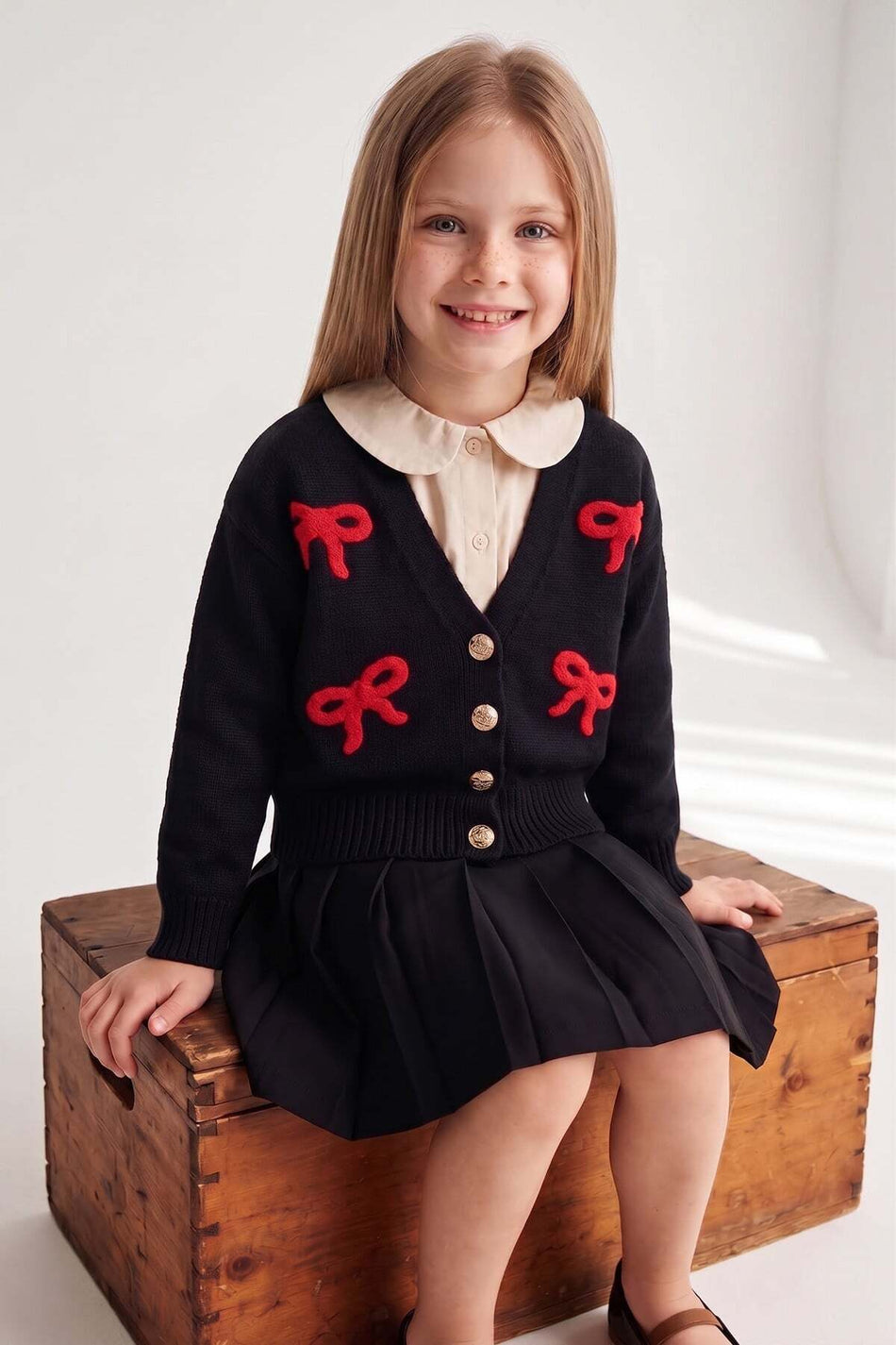 Ribbon Embroidered V-Neck Girls' Knitwear Cardigan - MALLTURK