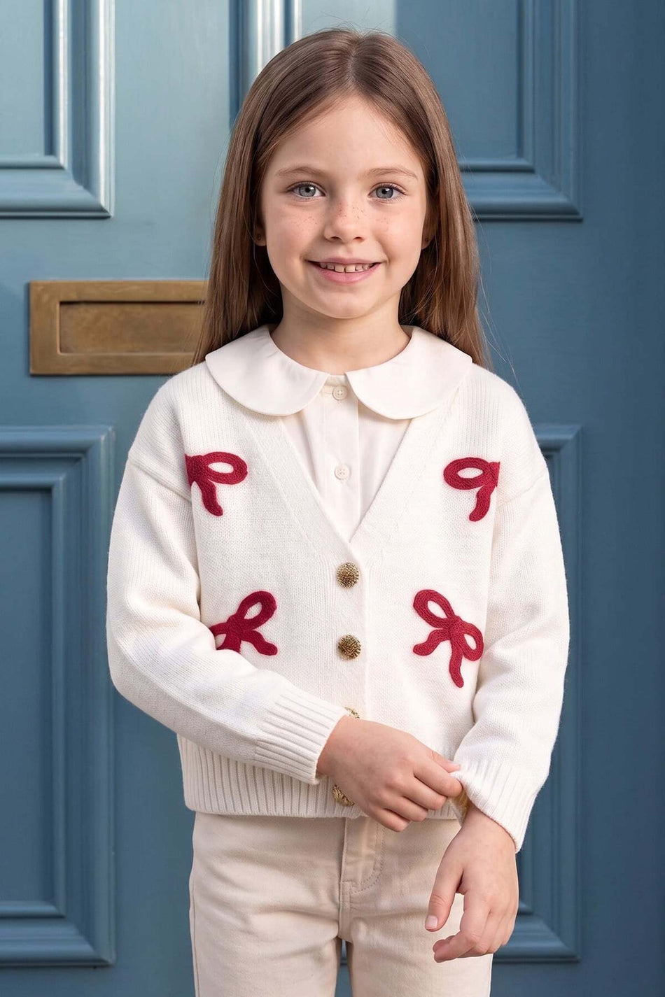 Ribbon Embroidered V-Neck Girls' Knitwear Cardigan - MALLTURK