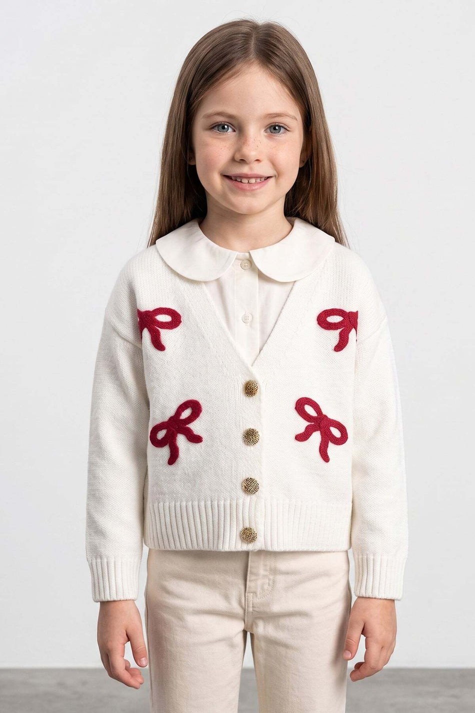 Ribbon Embroidered V-Neck Girls' Knitwear Cardigan - MALLTURK