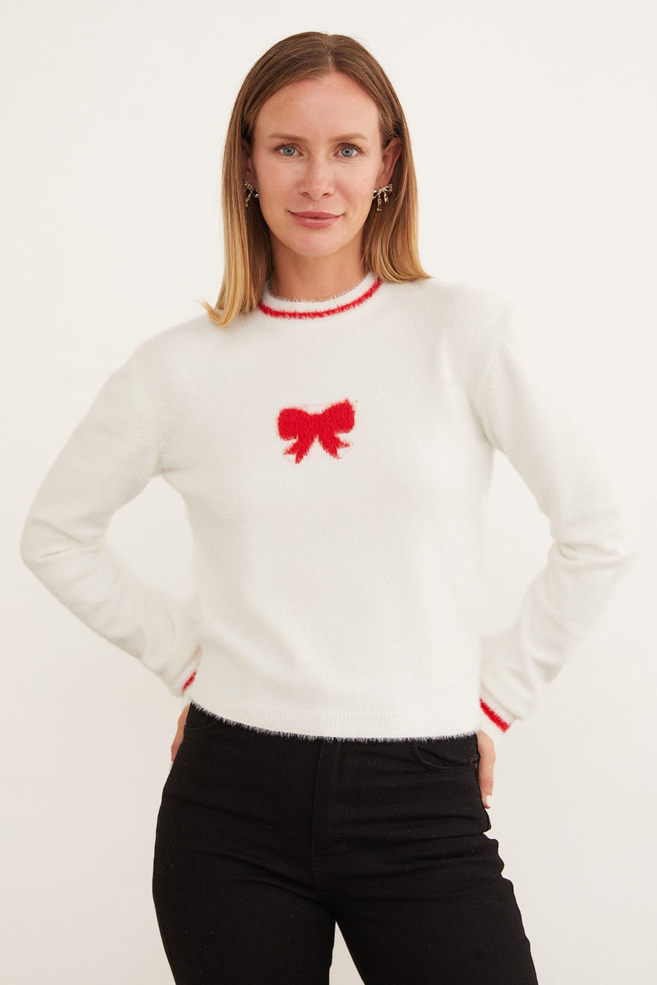 Ribbon Patterned Crew Neck Bearded Sweater - MALLTURK