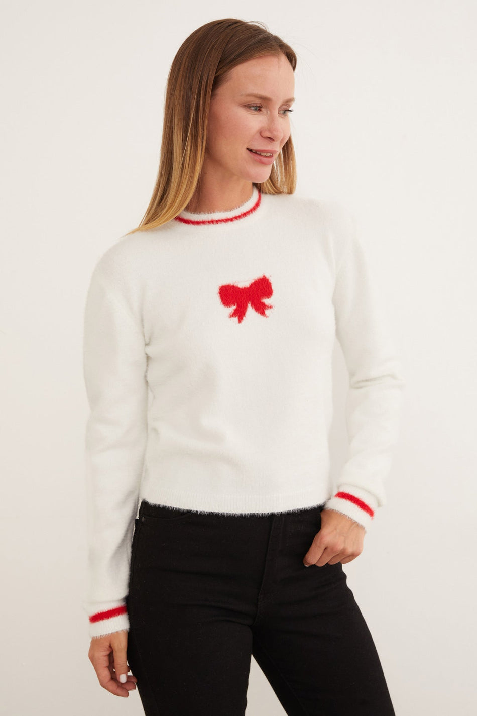 Ribbon Patterned Crew Neck Bearded Sweater - MALLTURK