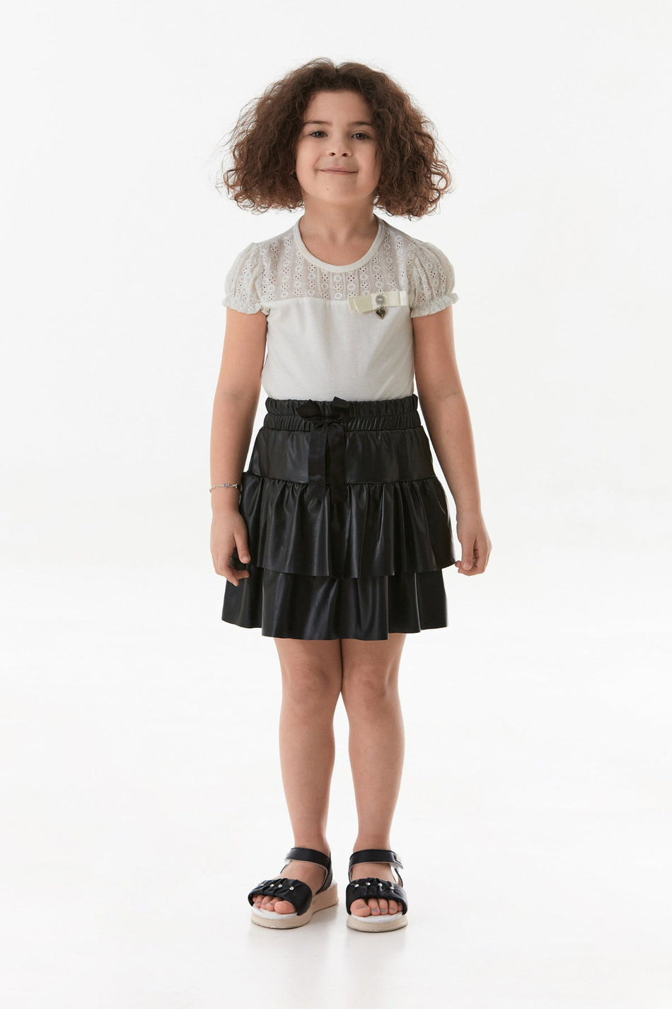Ruffled Girl's Skirt with Ribbon and Faux Leather - MALLTURK