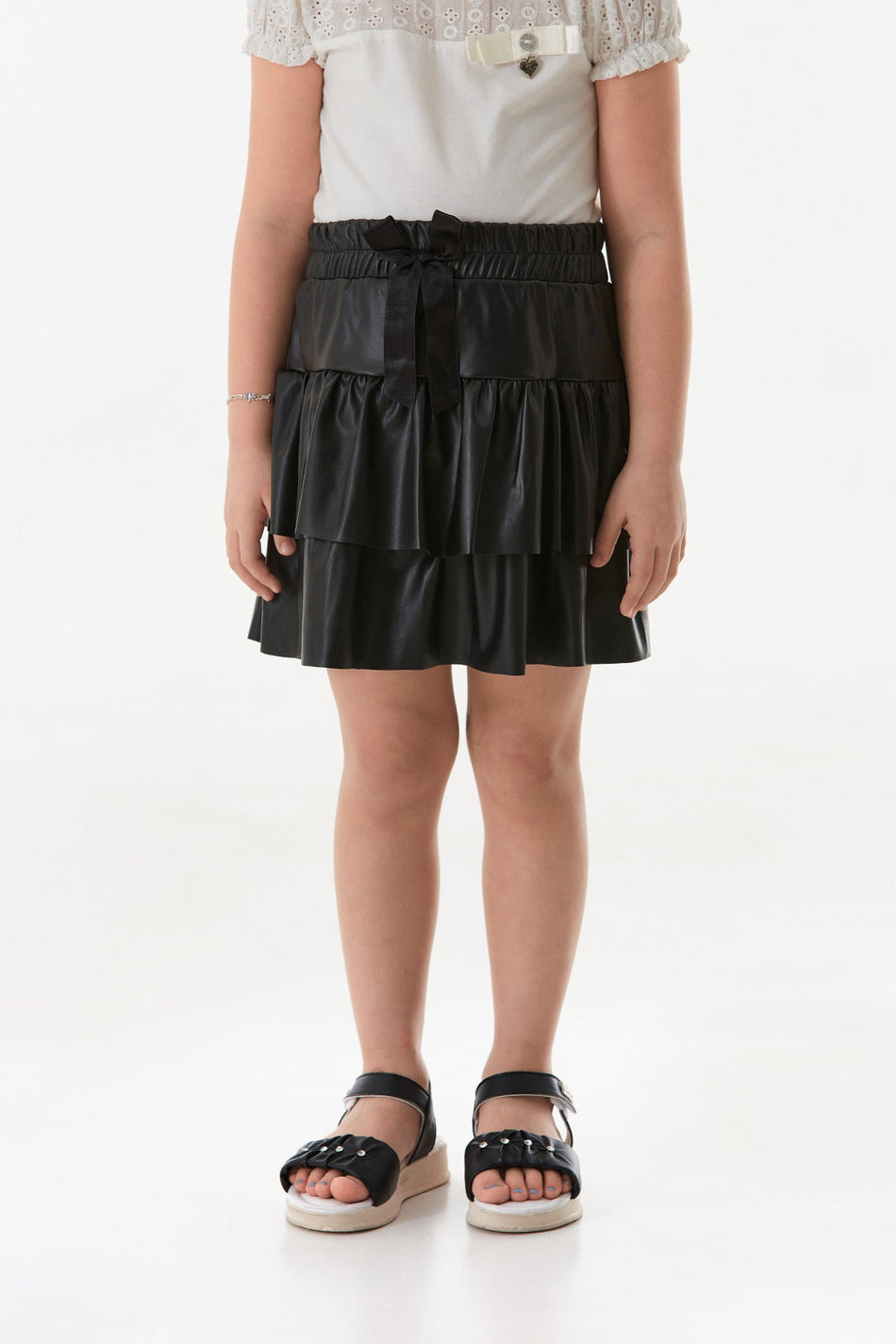 Ruffled Girl's Skirt with Ribbon and Faux Leather - MALLTURK