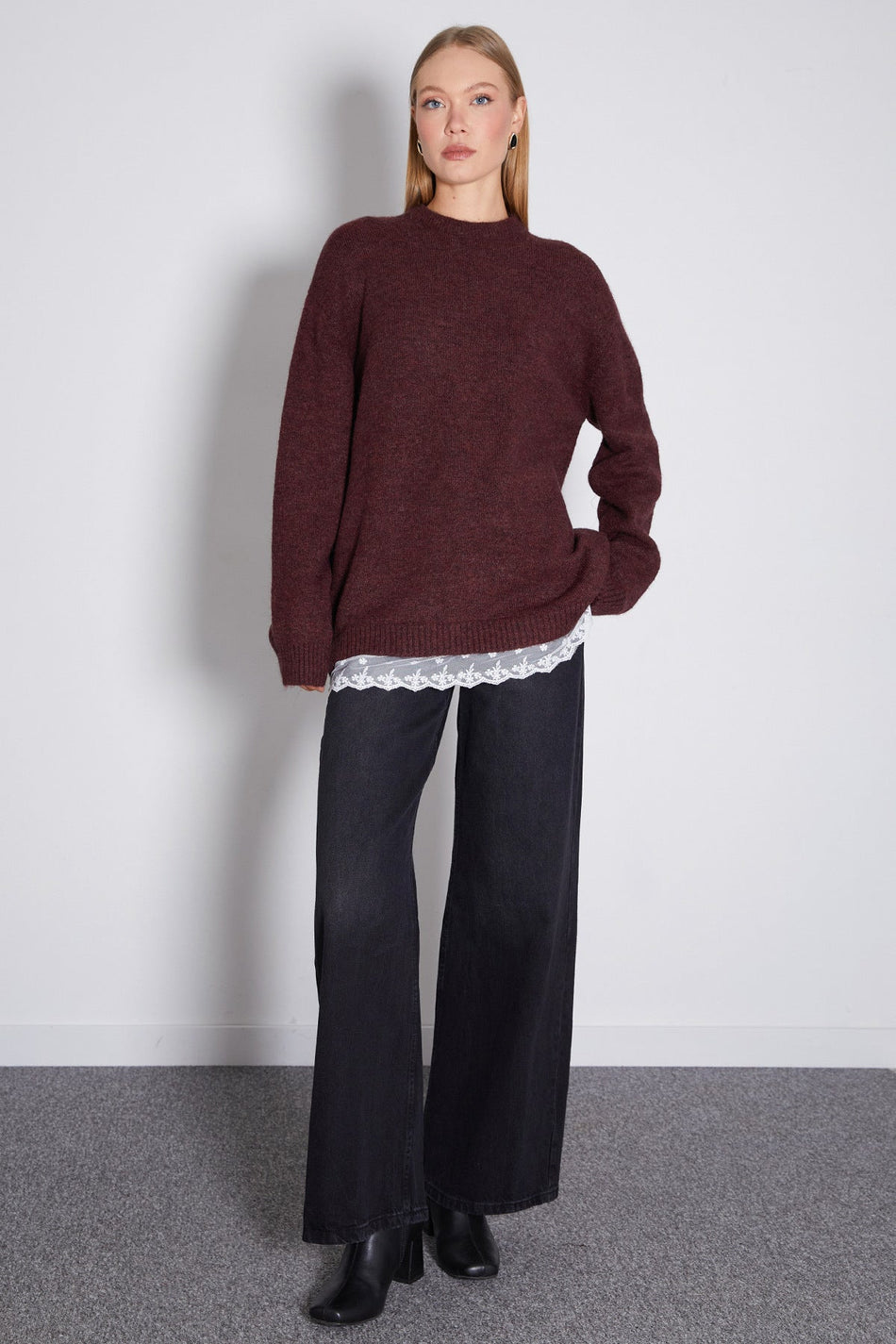 Ruffled Skirt, Crew Neck, Loose Knit Sweater - MALLTURK