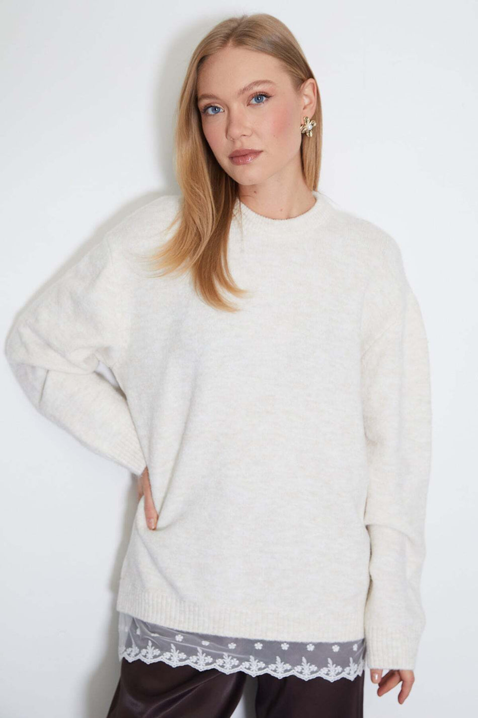 Ruffled Skirt, Crew Neck, Loose Knit Sweater - MALLTURK