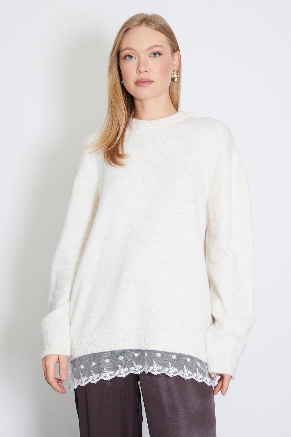 Ruffled Skirt, Crew Neck, Loose Knit Sweater - MALLTURK