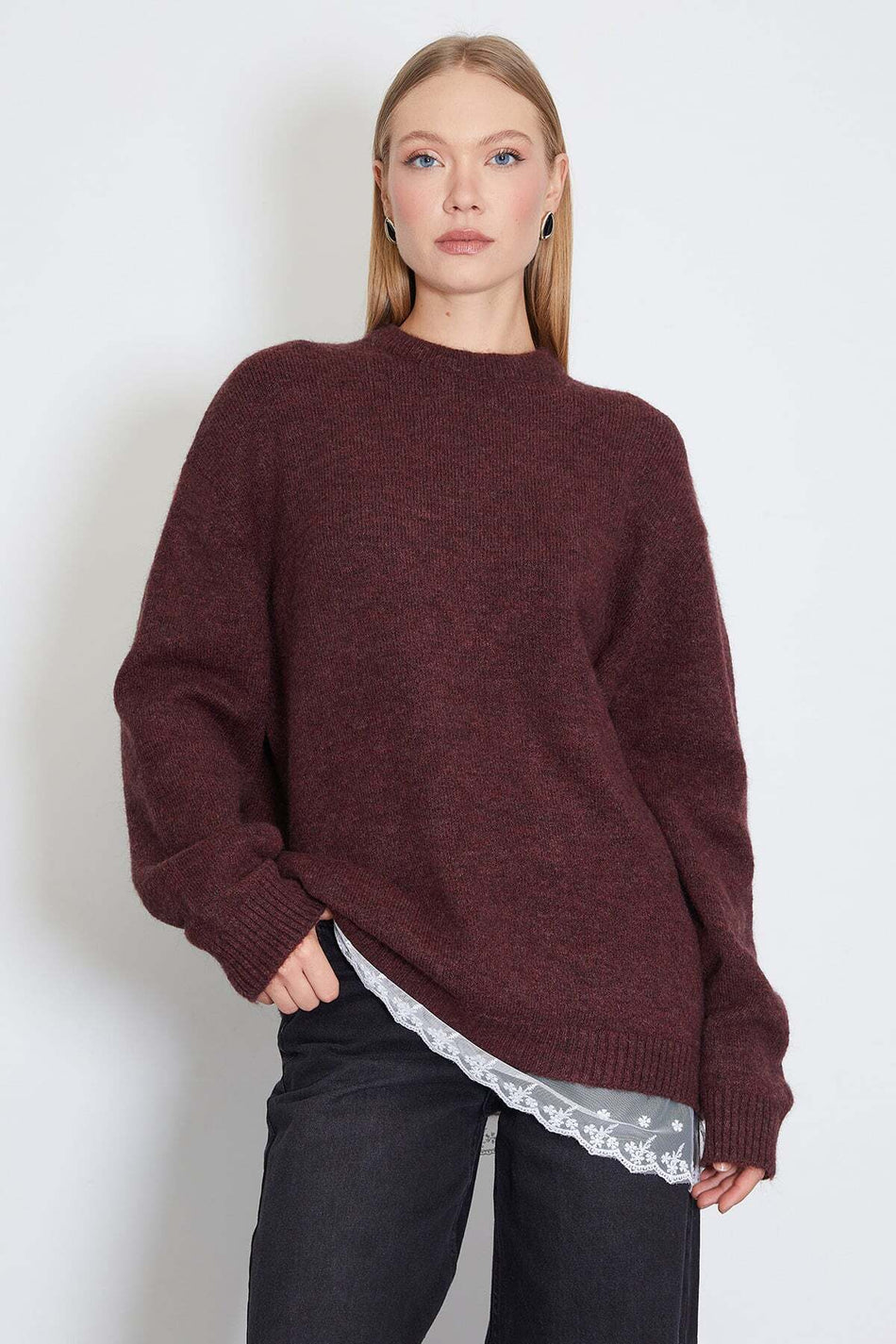 Ruffled Skirt, Crew Neck, Loose Knit Sweater - MALLTURK