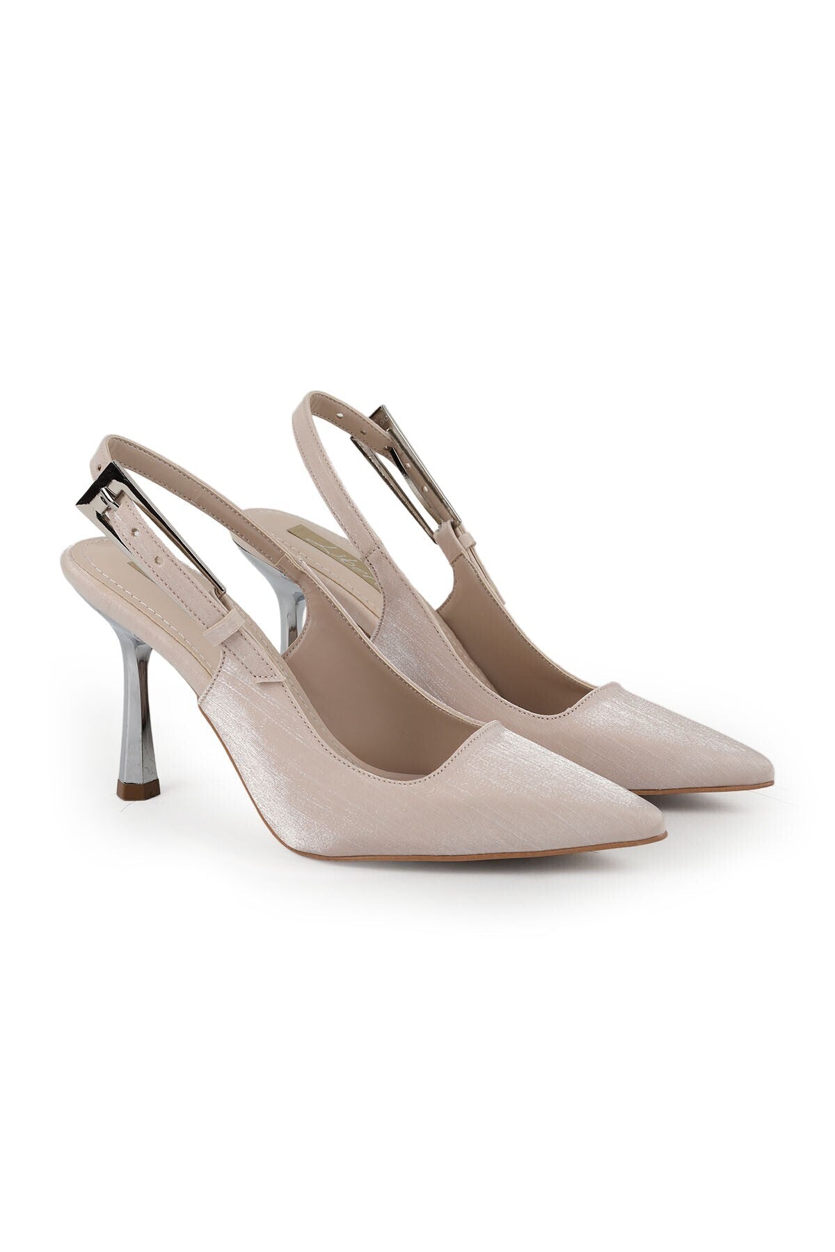 Satin Heeled Shoes Pointed Toe Thin Metallic Heel Slingback Stylish Evening Dress Jurdan Sole L085.K3015 - MALLTURK