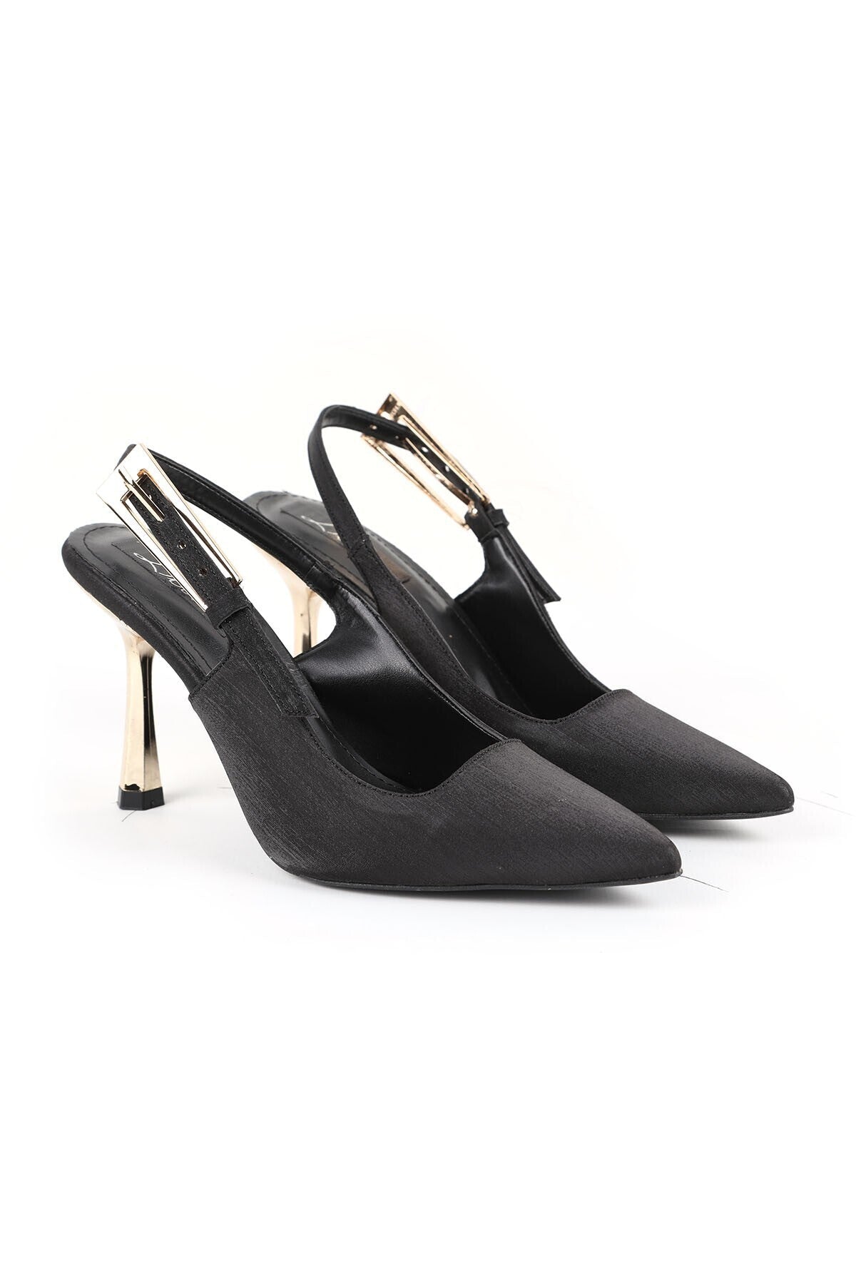 Satin Heeled Shoes Pointed Toe Thin Metallic Heel Slingback Stylish Evening Dress Jurdan Sole L085.K3015 - MALLTURK