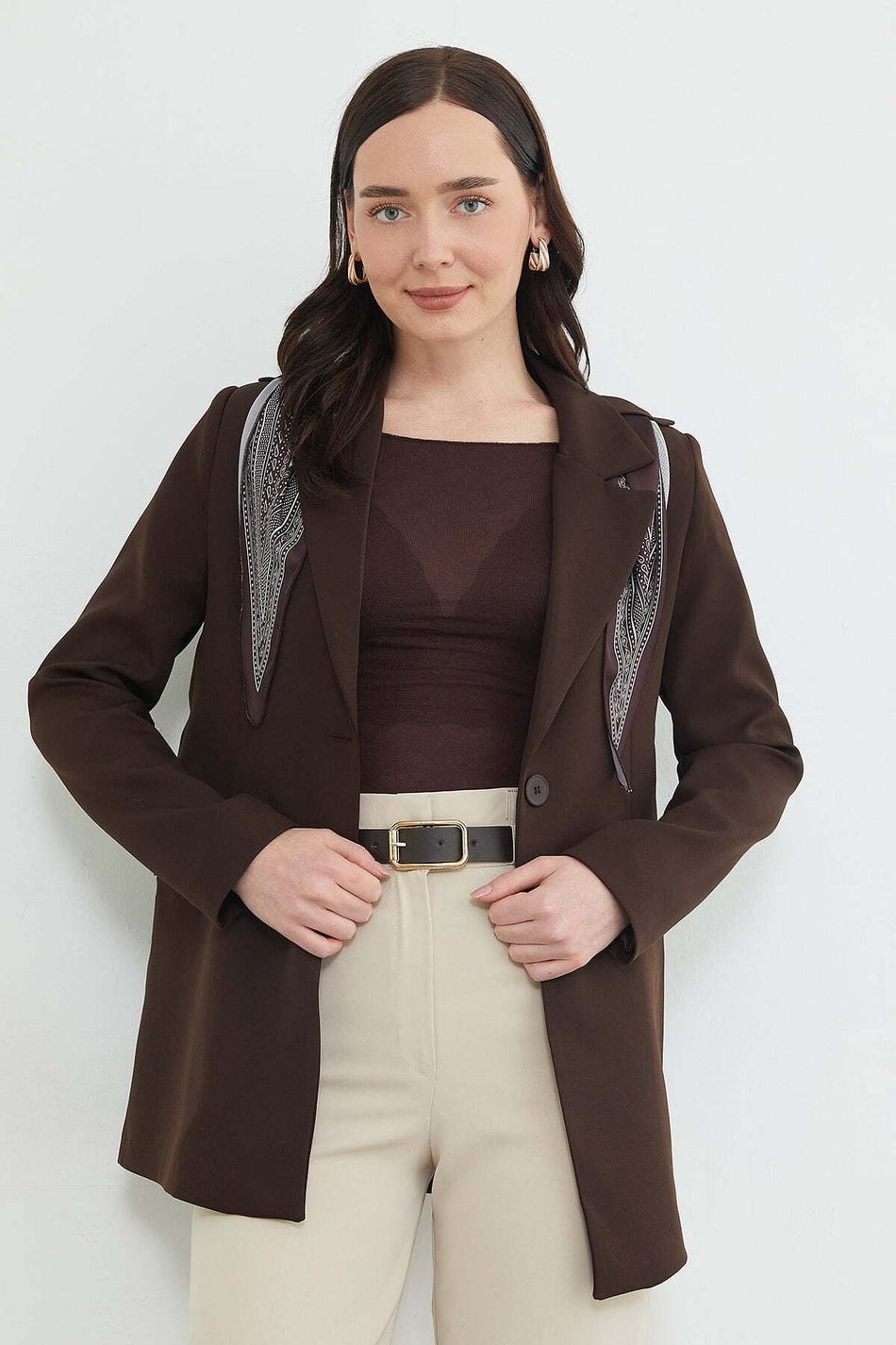 Scarf Detailed Shoulder Padded Blazer Jacket - MALLTURK