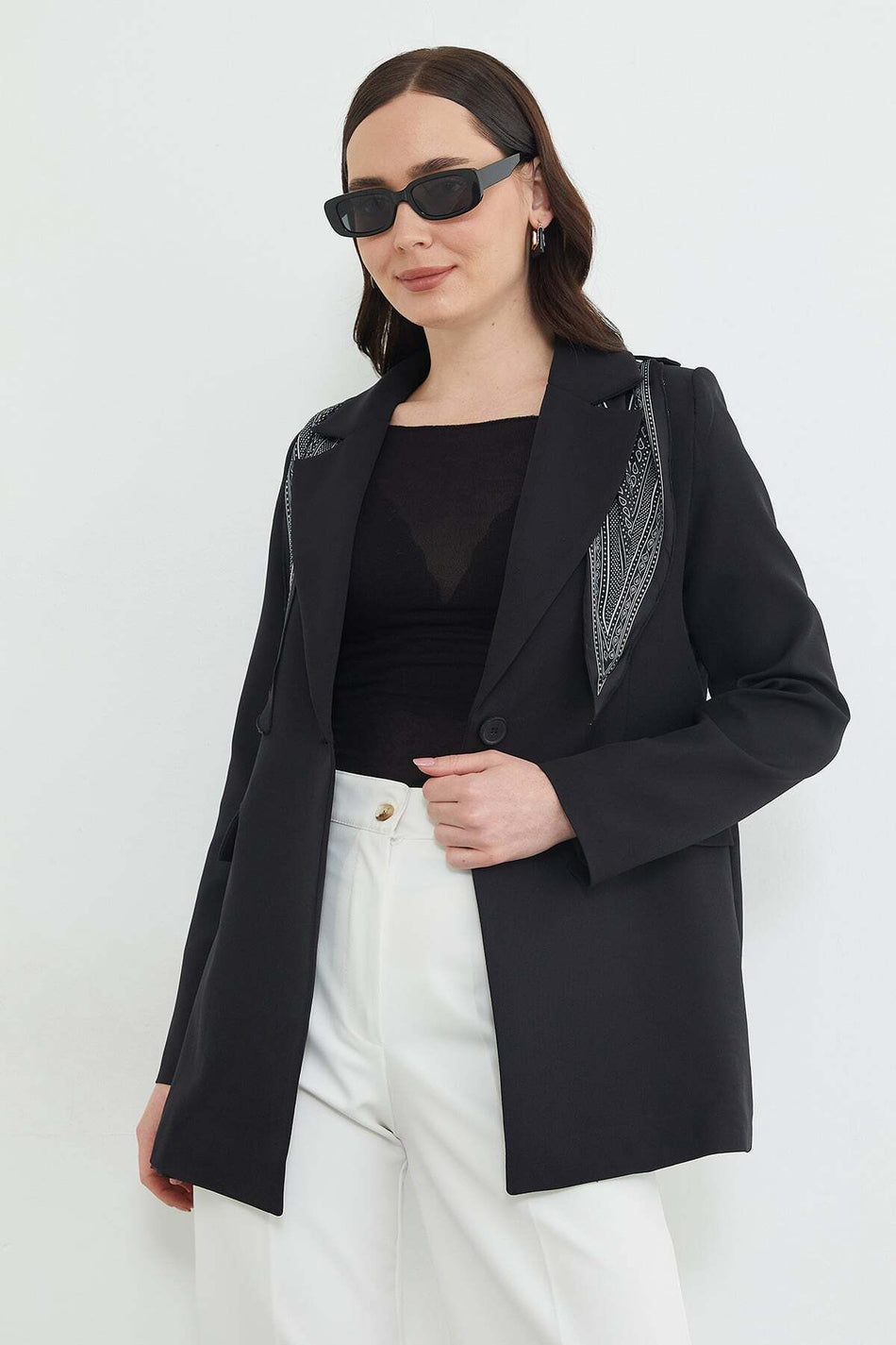 Scarf Detailed Shoulder Padded Blazer Jacket - MALLTURK