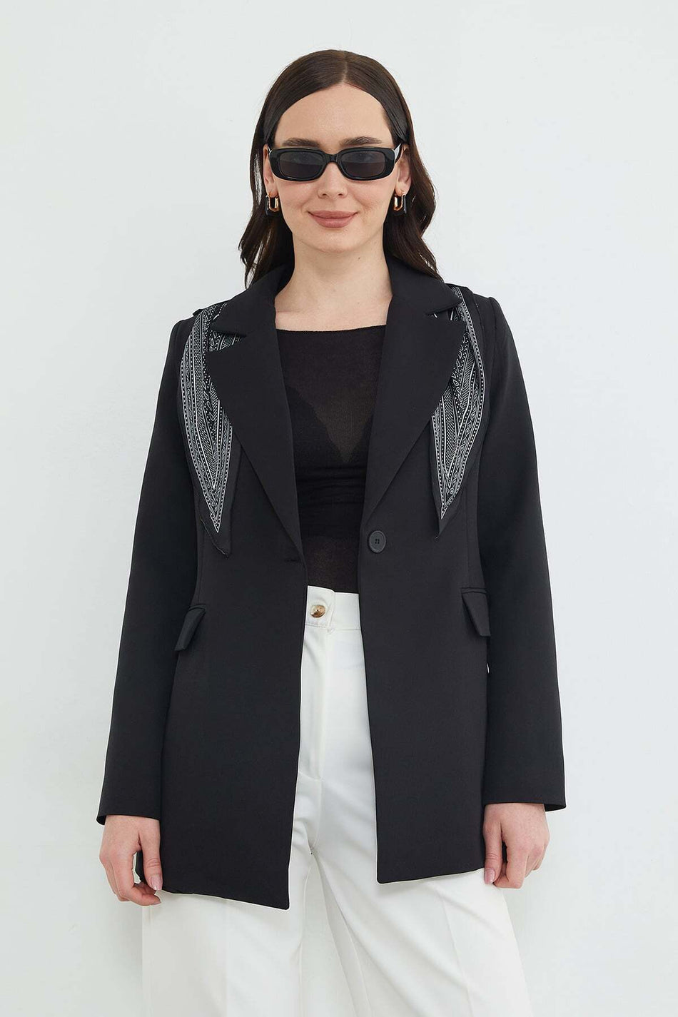 Scarf Detailed Shoulder Padded Blazer Jacket - MALLTURK