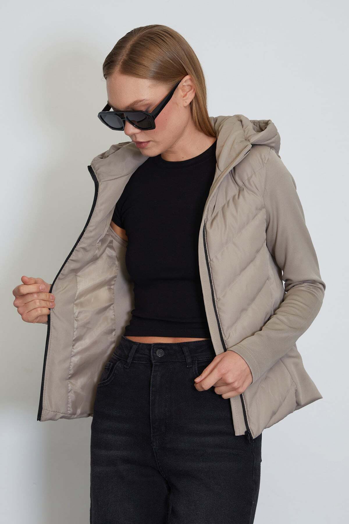 Scuba Fabric Garnished Hooded Inflatable Coat - MALLTURK
