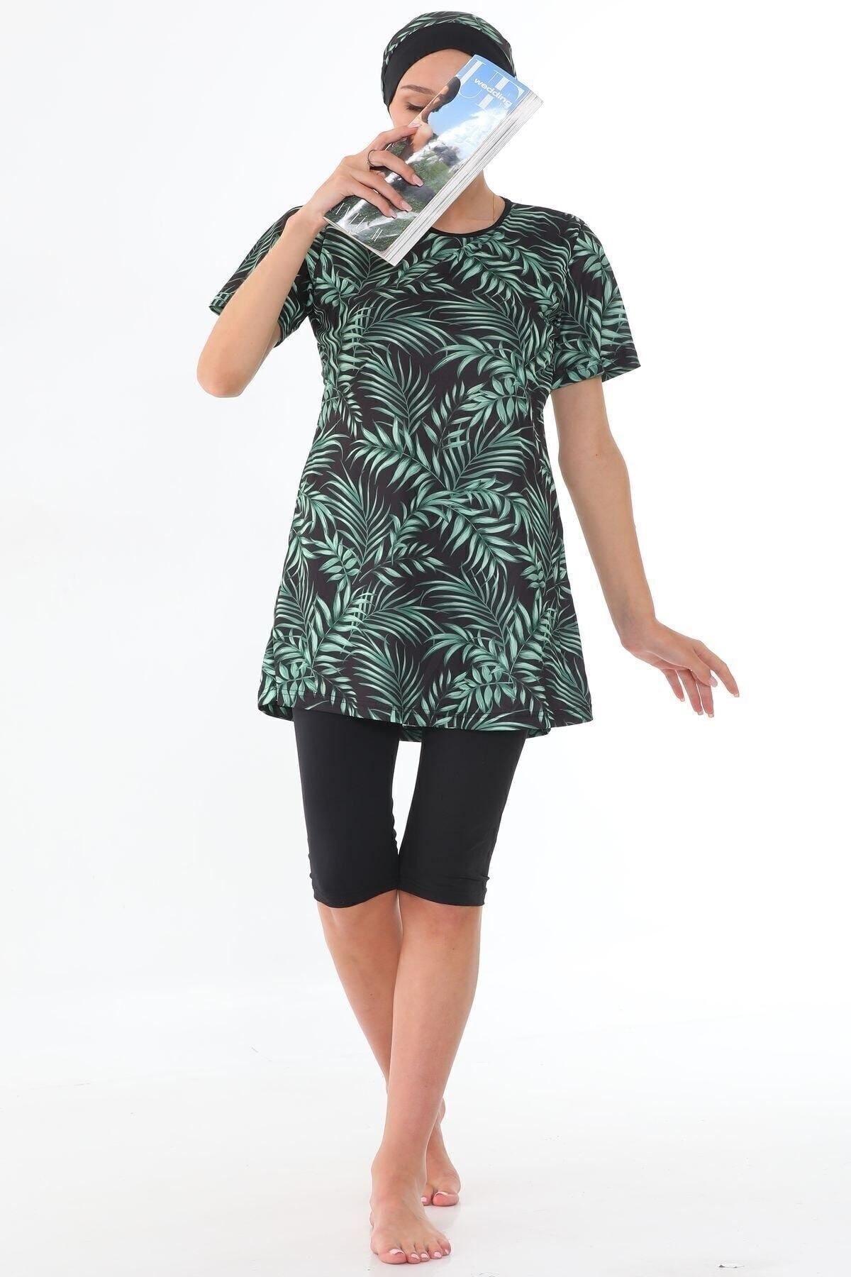 Semi-Closed Lycra Patterned Hijab Swimsuit Green Leaf - MALLTURK