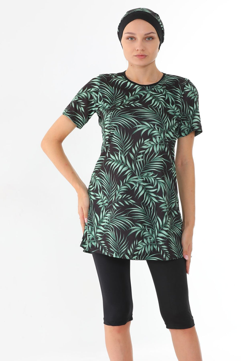 Semi-Closed Lycra Patterned Hijab Swimsuit Green Leaf - MALLTURK