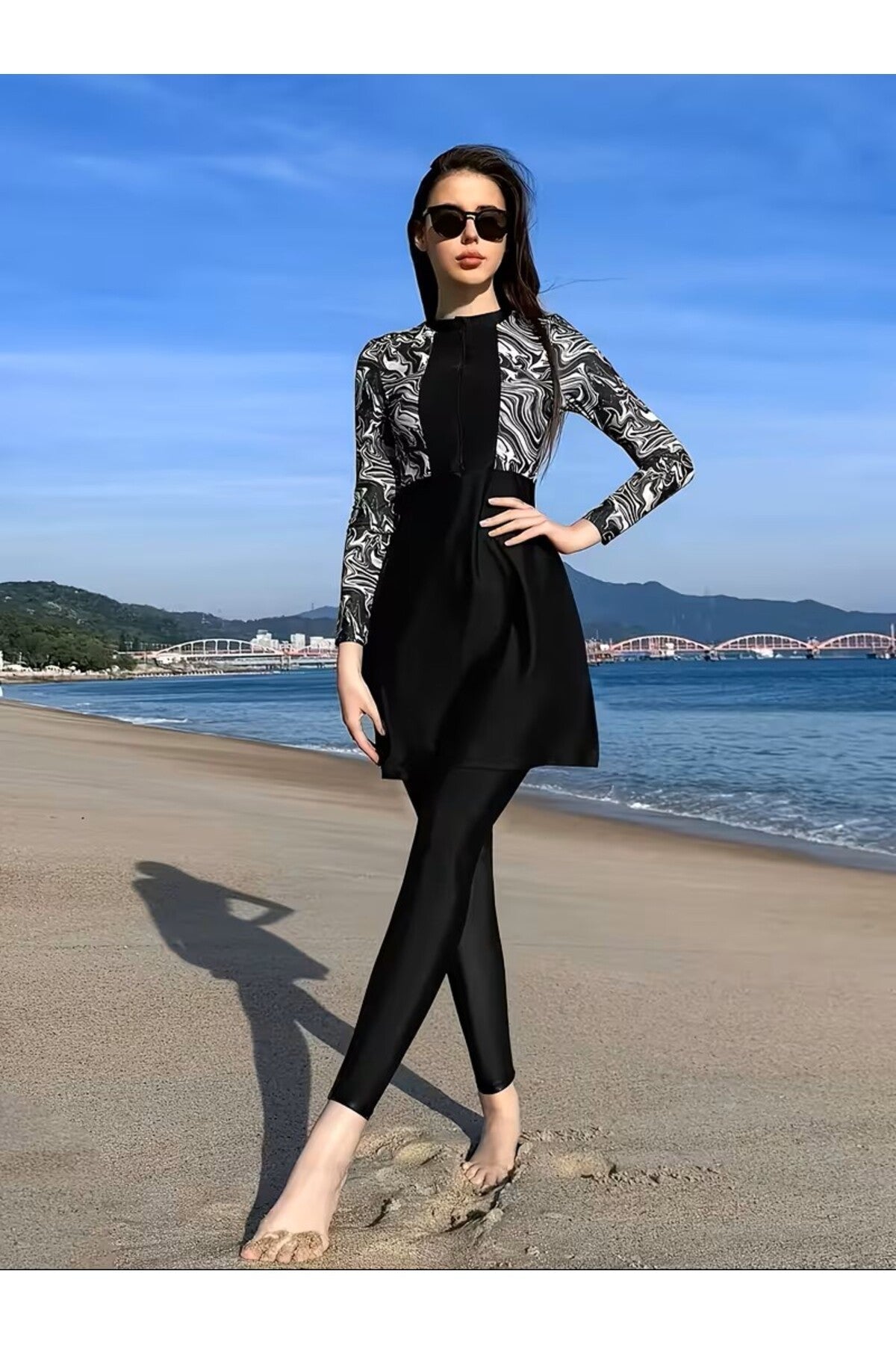 Semi-Closed Tights with Zipper and Hijab Patterned Swimsuit - MALLTURK