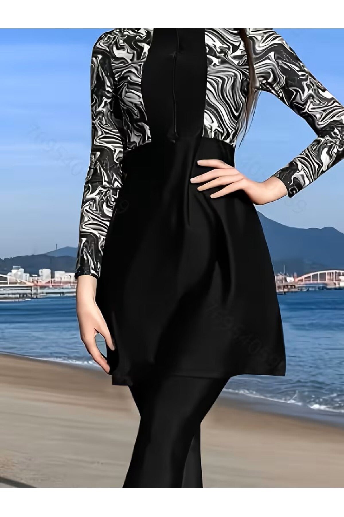 Semi-Closed Tights with Zipper and Hijab Patterned Swimsuit - MALLTURK