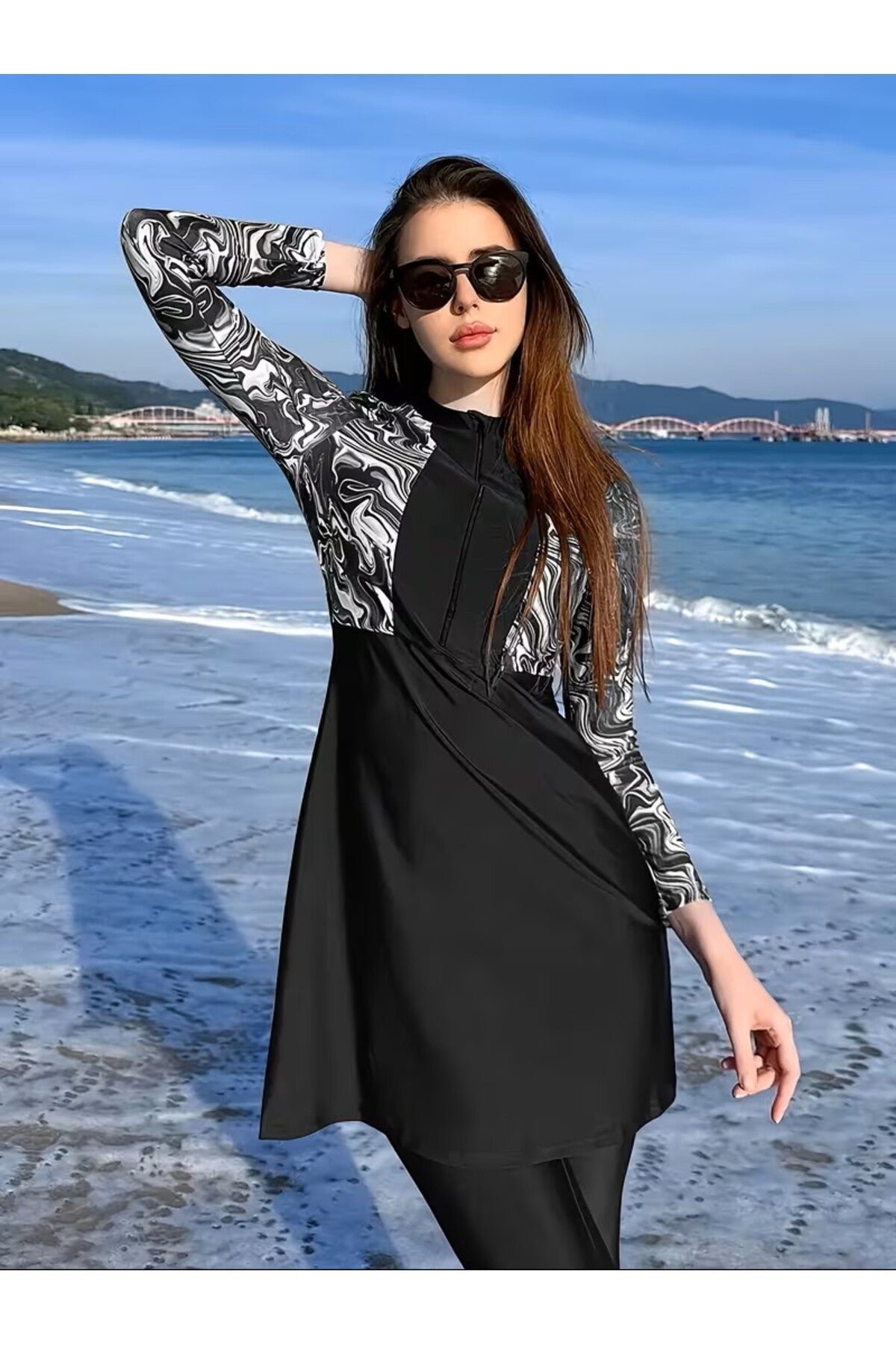 Semi-Closed Tights with Zipper and Hijab Patterned Swimsuit - MALLTURK