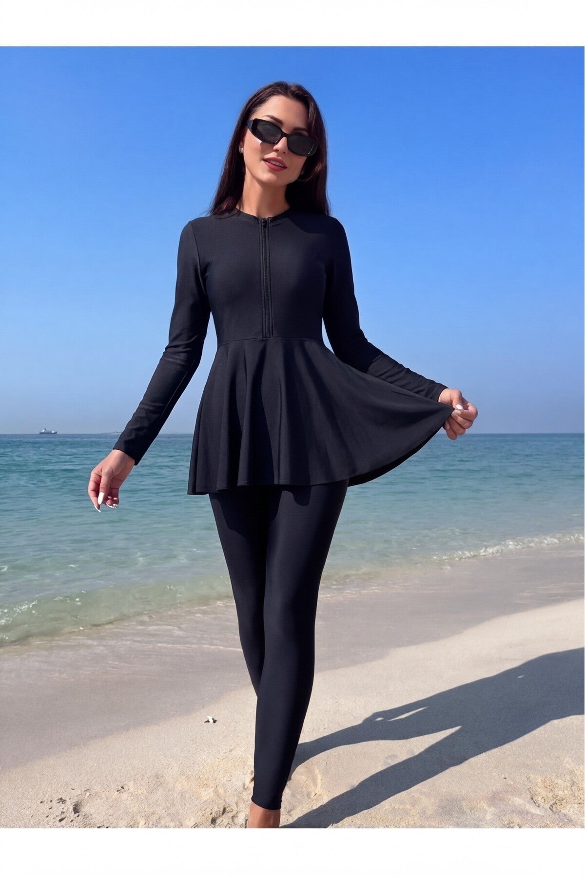 Semi-Closed Tights Zippered Hijab Swimsuit Black - MALLTURK