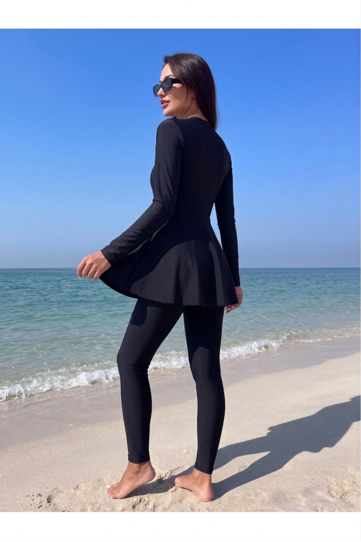 Semi-Closed Tights Zippered Hijab Swimsuit Black - MALLTURK