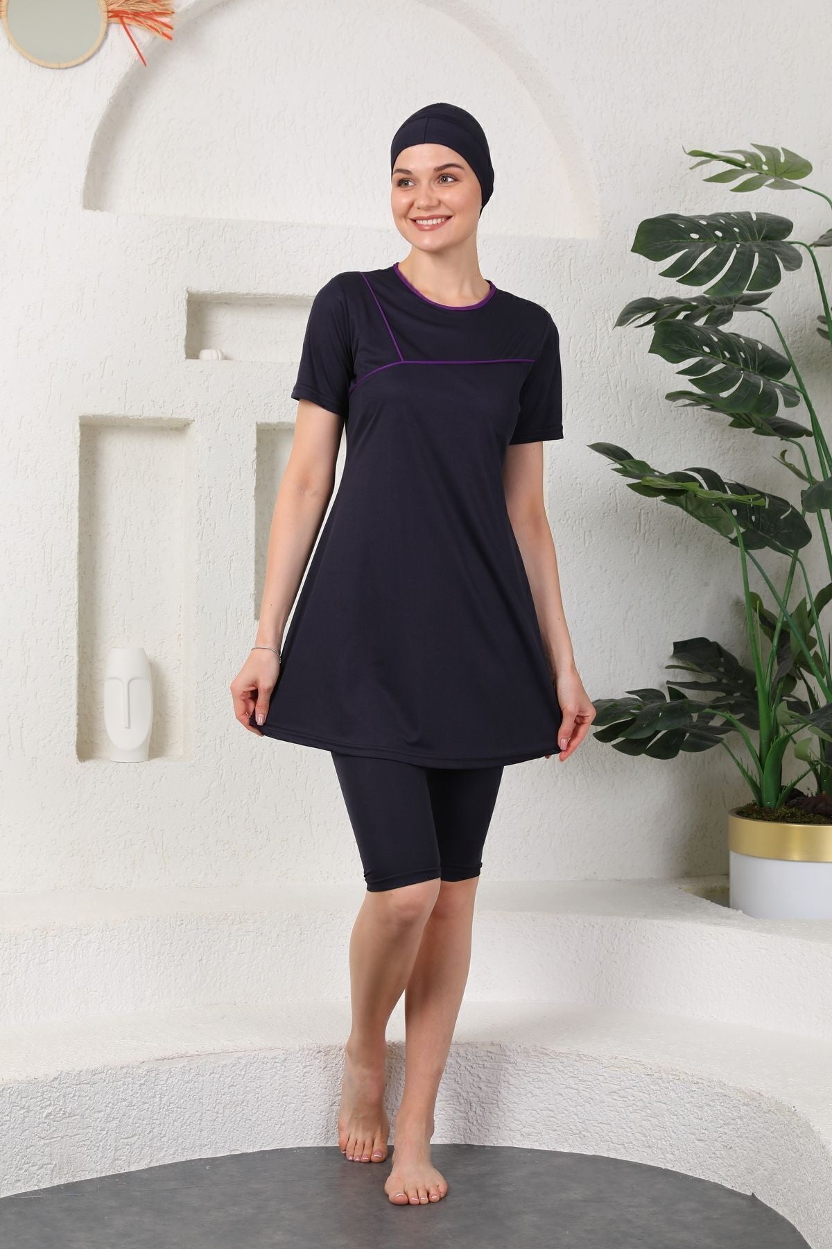 Semi Covered Hijab Swimsuit Navy Blue - MALLTURK