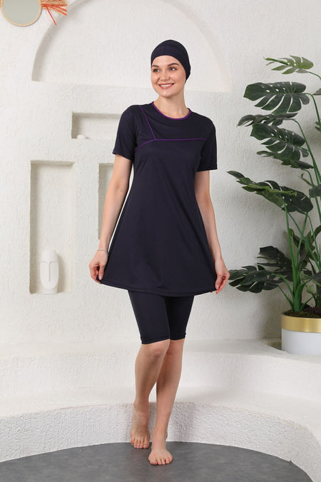 Semi Covered Hijab Swimsuit Navy Blue - MALLTURK