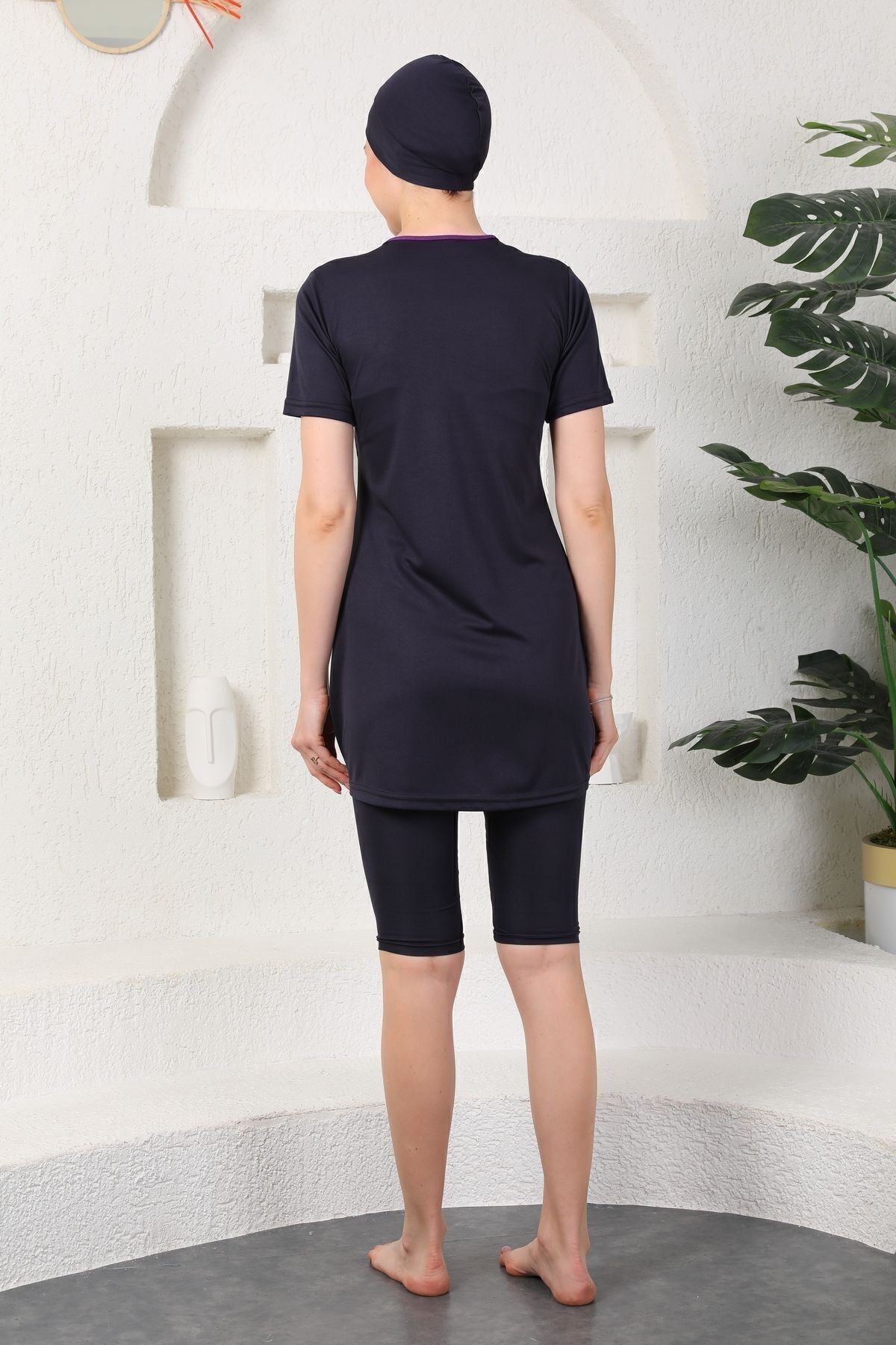 Semi Covered Hijab Swimsuit Navy Blue - MALLTURK
